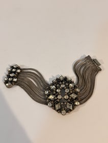 Vintage 1900s Multi Chain Bracelet Flower rhinestone Bangle Color Silver Metal 7"