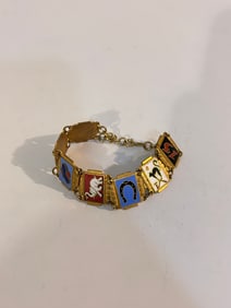 WWI Antique Luck Symbols Enamel Panel Brass Bracelet 7"