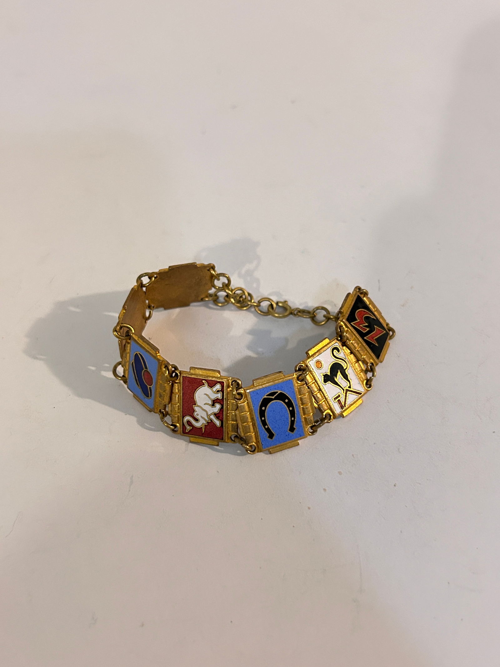 WWI Antique Luck Symbols Enamel Panel Brass Bracelet 7" (1 of 6)