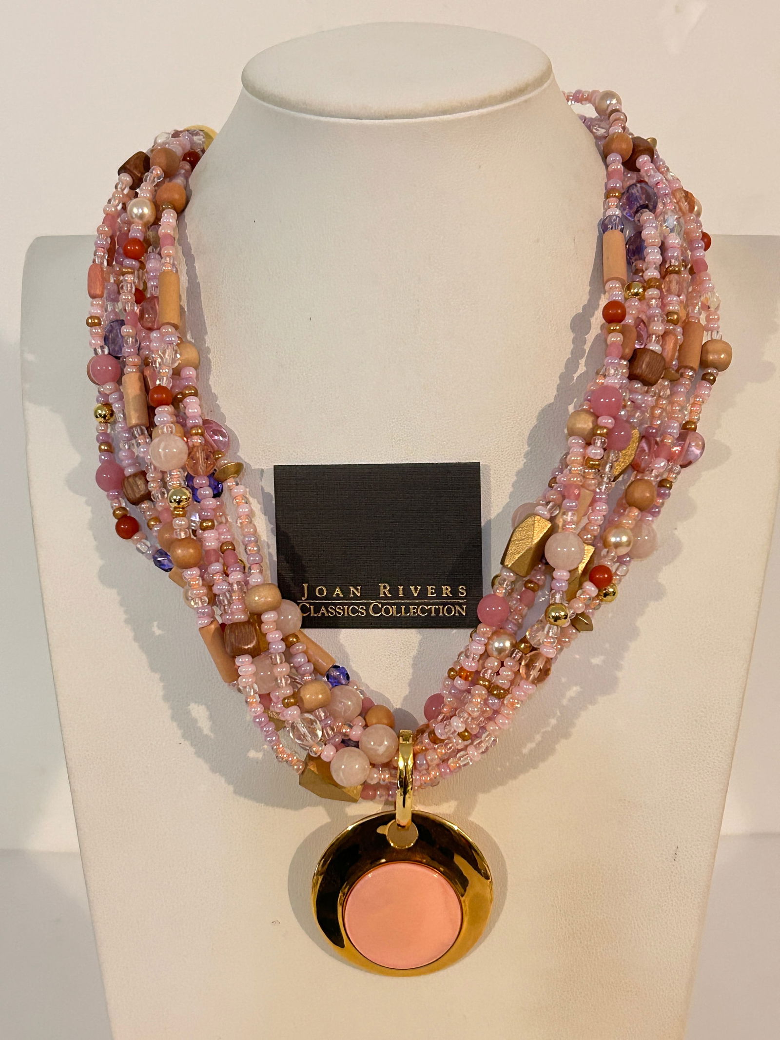 Joan Rivers Multi Strand Beaded Necklace Pink Gold Tone Statement Pendant 18" (1 of 7)