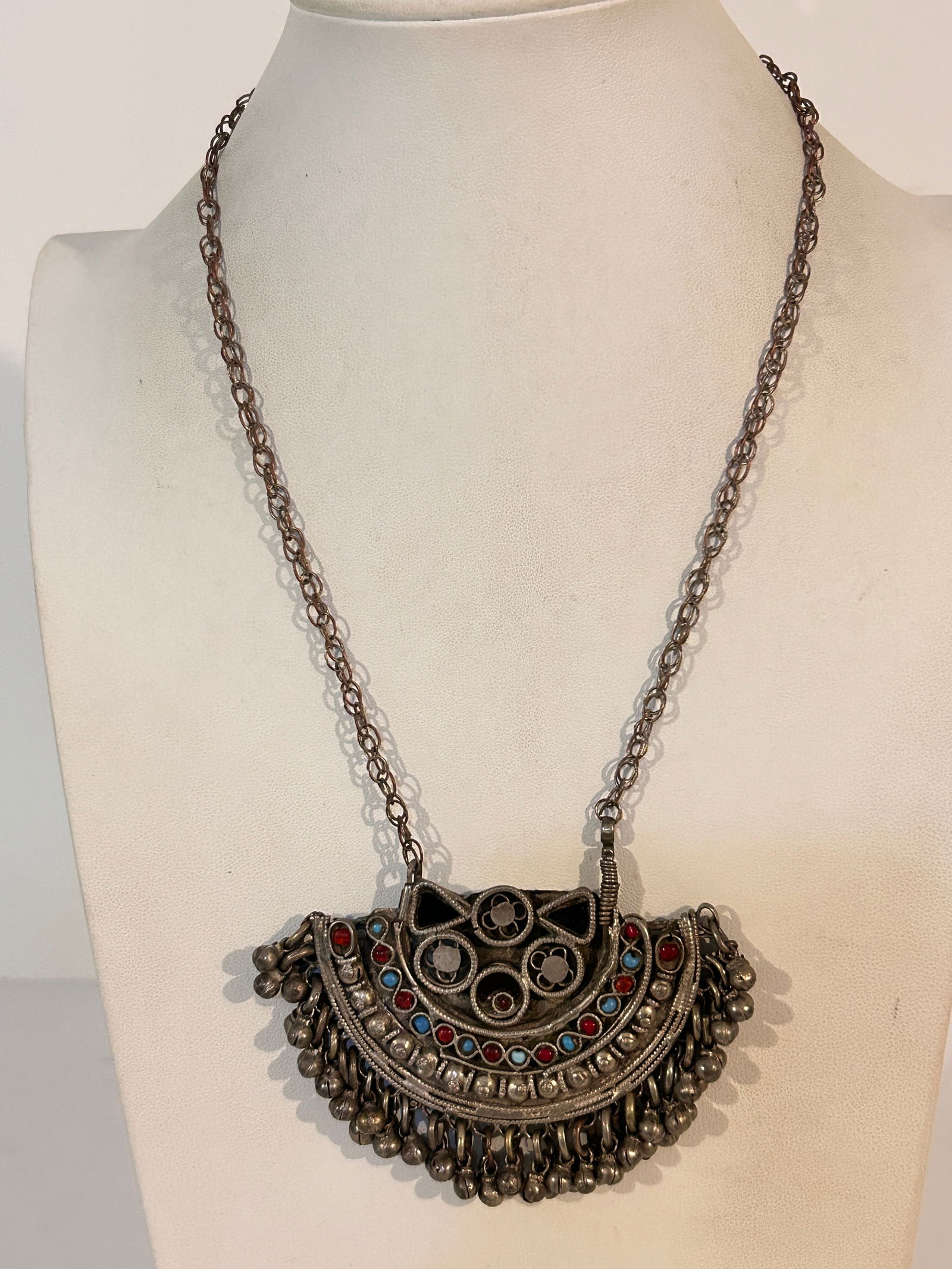 Vintage Kuchi Afghan Tribal Boho Statement Brass Side Bells and Gem Pendant 20": Vintage Kuchi Afghan Tribal Boho Statement Brass Side Bells and Gem Pendant 20" Please view all photos as they are part of the description and condition of this Item, Feel free to contact me with ques