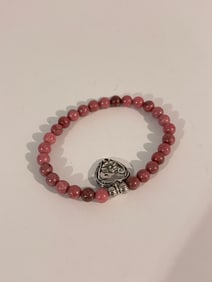 Vintage Pink Rhodonite Stretch Bracelet with Etched Heart Pendant