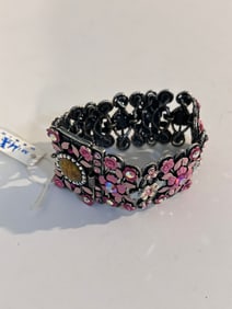 MX Signature Enamel Flowers Bracelet Pink Vintage Desiged by M.Negrin 80s Jewelry 7"