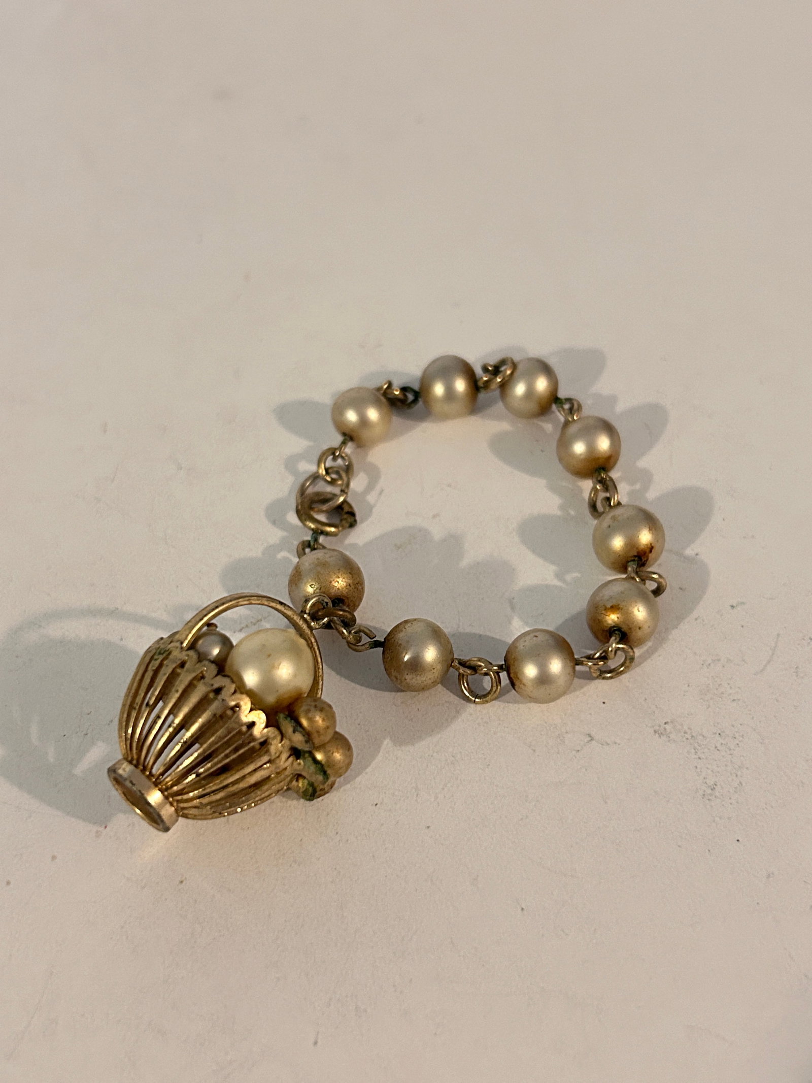 Vintage gold-toned charm bracelet filigree basket charm with pearls 7": Vintage gold-toned charm bracelet filigree basket charm with pearls 7" Please view all photos as they are part of the description and condition of this Item, Feel free to contact me with questions or 
