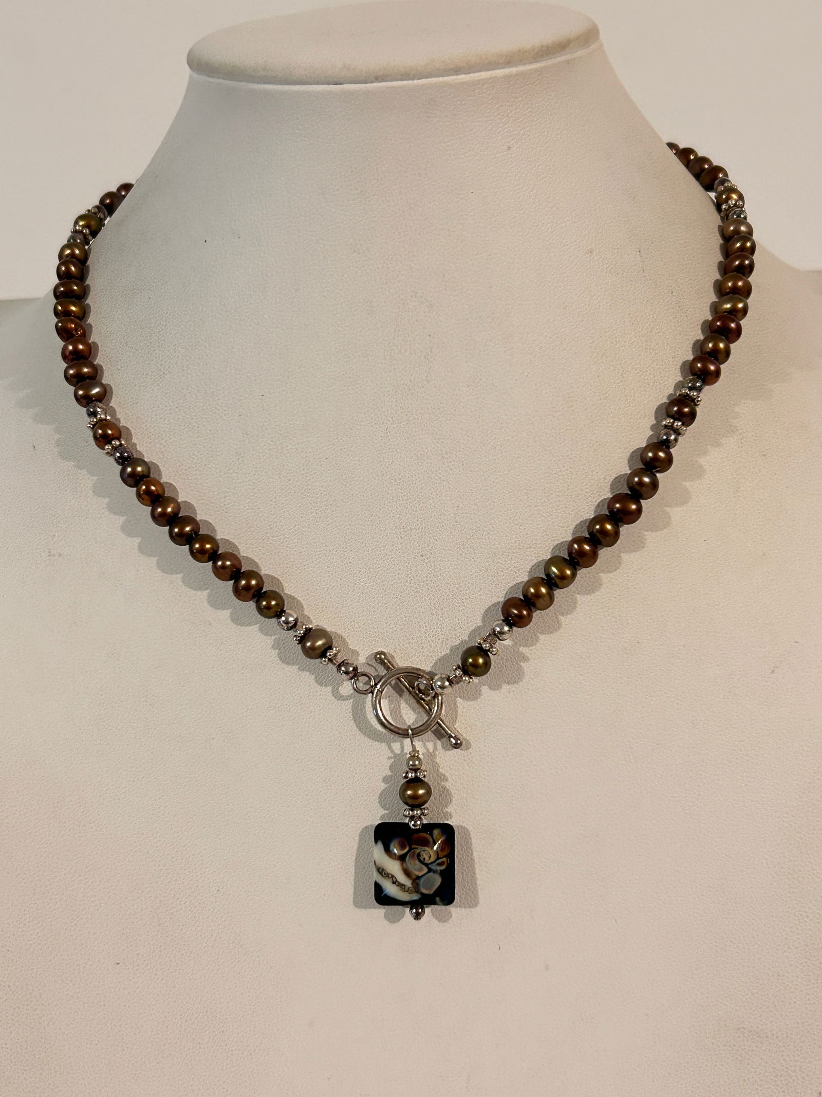 Vintage Sterling Silver Pearl Glass Pendant Necklace 14" (1 of 5)