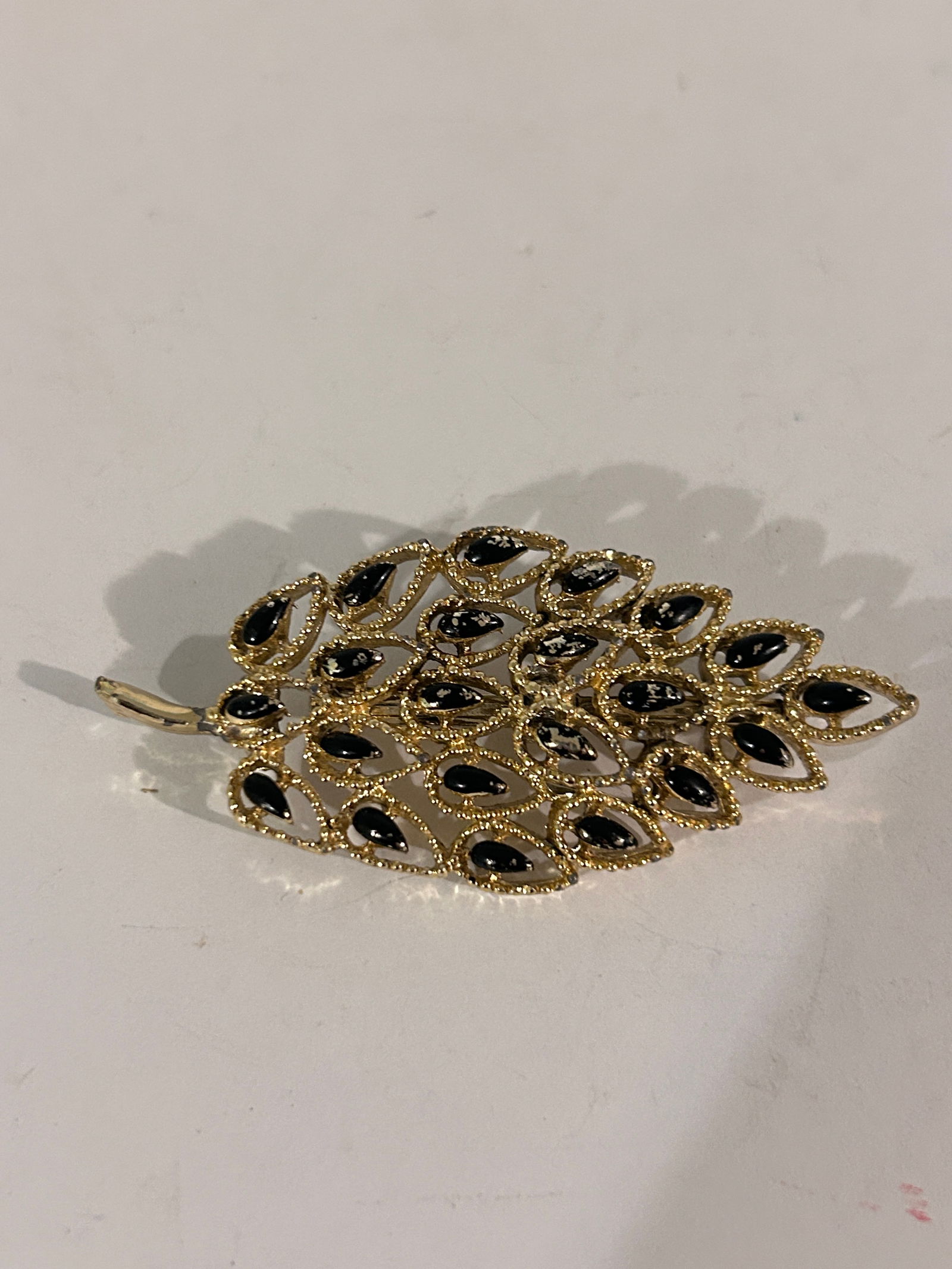 GERRY'S Designer Signed Leaf Shaped Brooch  Black Enamel Stones (1 of 4)