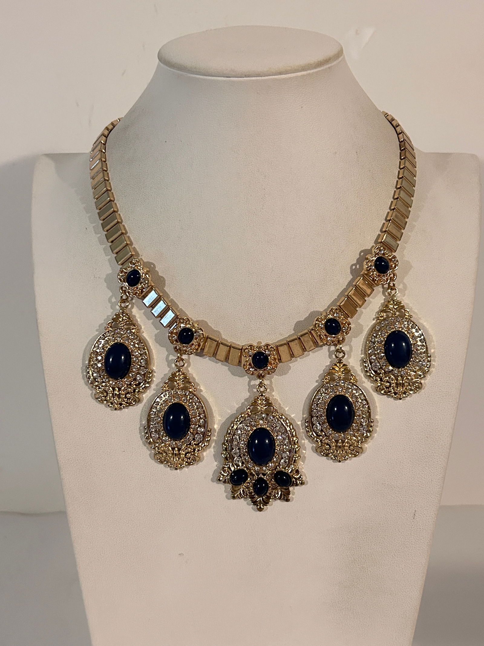 Victorian-inspired blue and goldtone rhinestone choker necklace 16" (1 of 5)