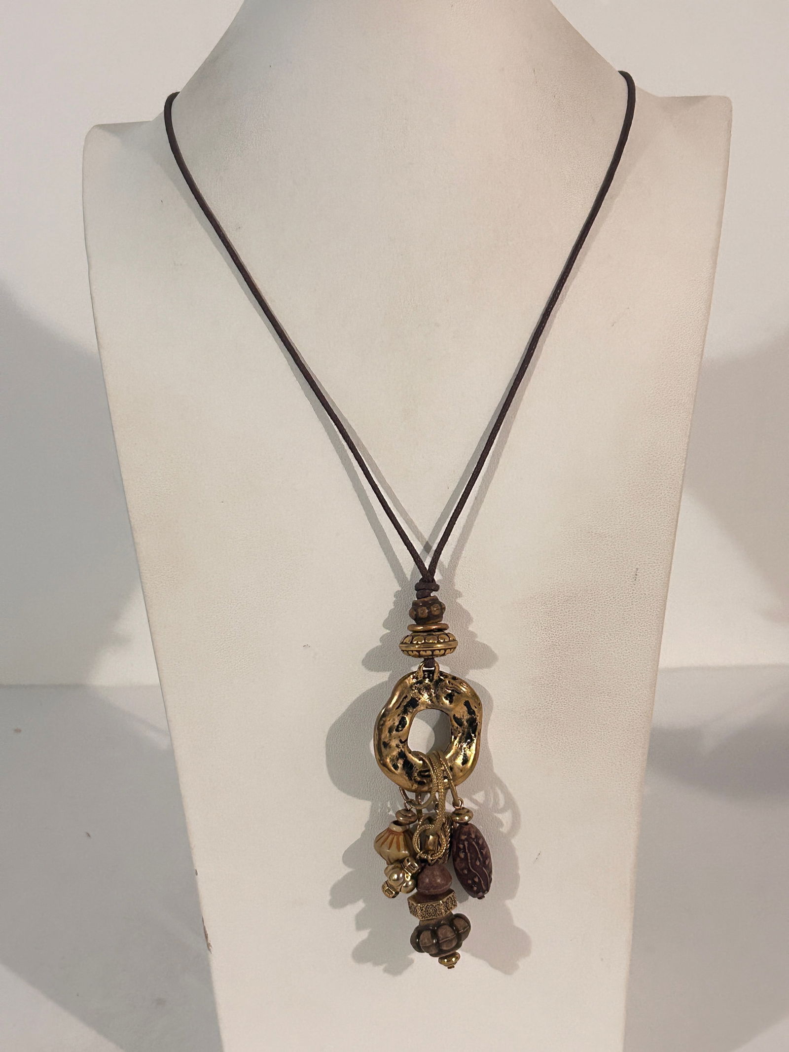 Multiple Charm Pendent Necklace Brown Tone Leather Cord 30 (1 of 4)