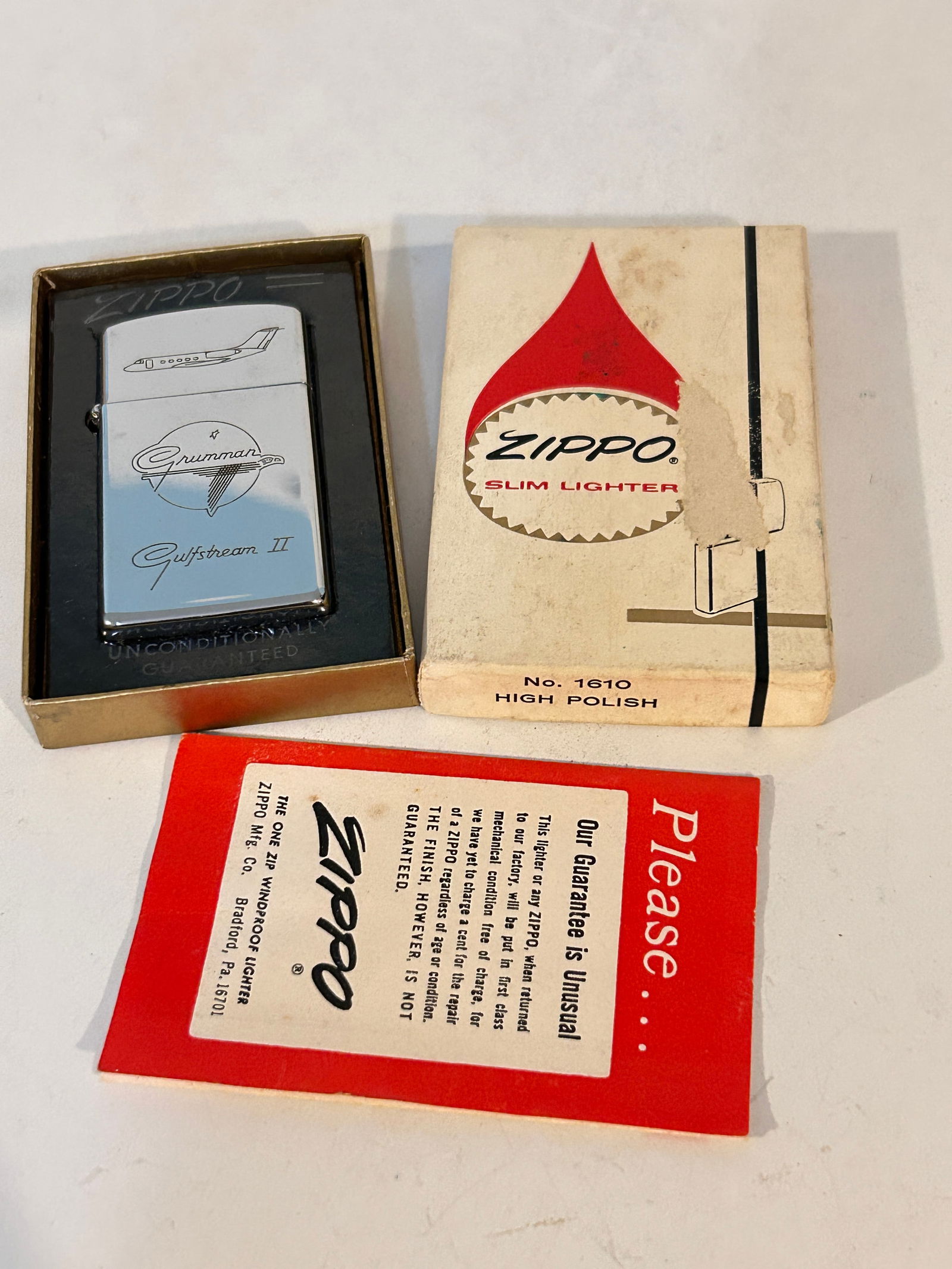 Vintage 1960's Zippo Slim Lighter #1610 High Polish Grumman Gulfstream II (1 of 9)