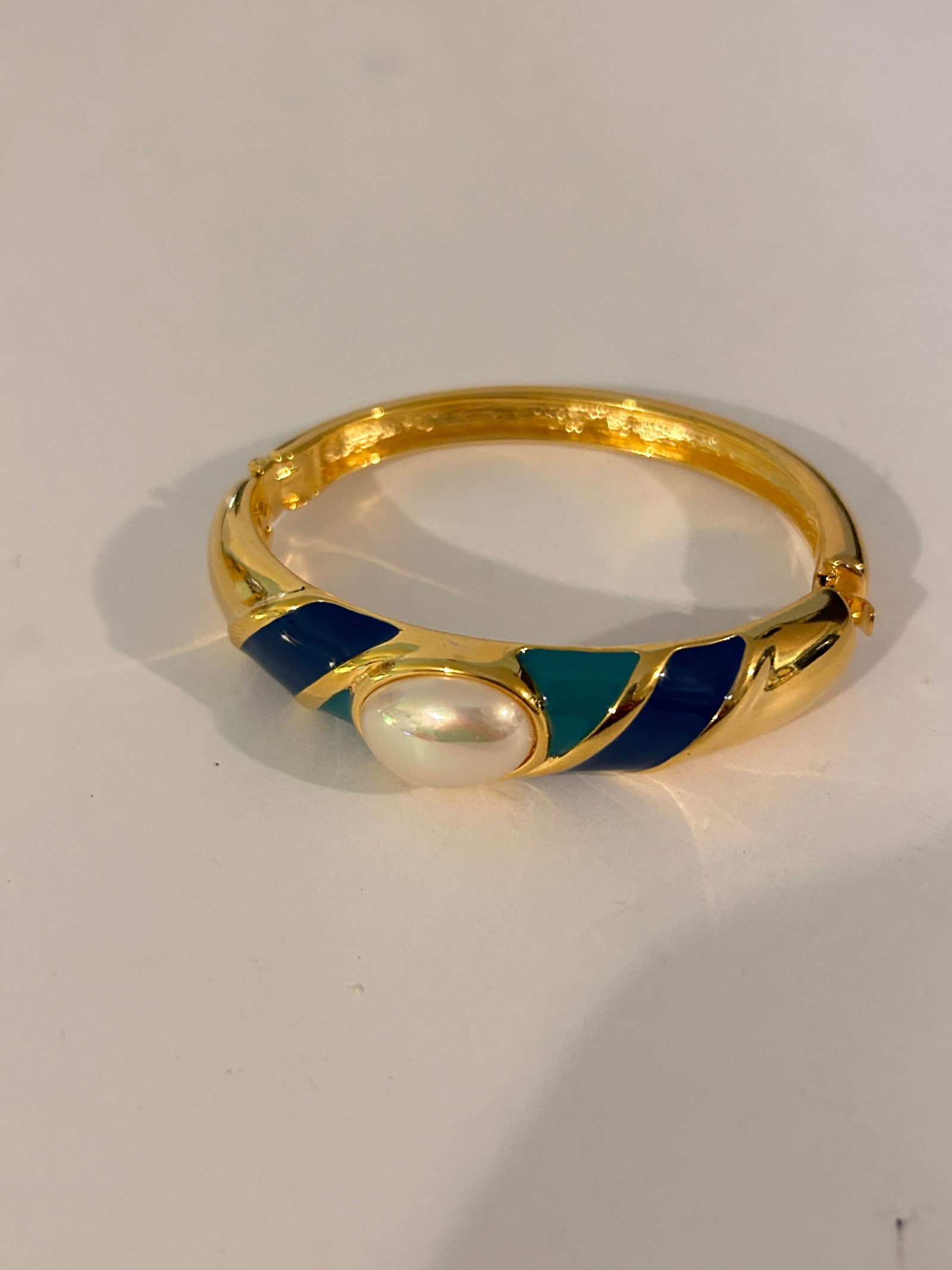 gold-toned hinged bangle bracelet with green and blue enamel and a faux pearl 7" (1 of 4)