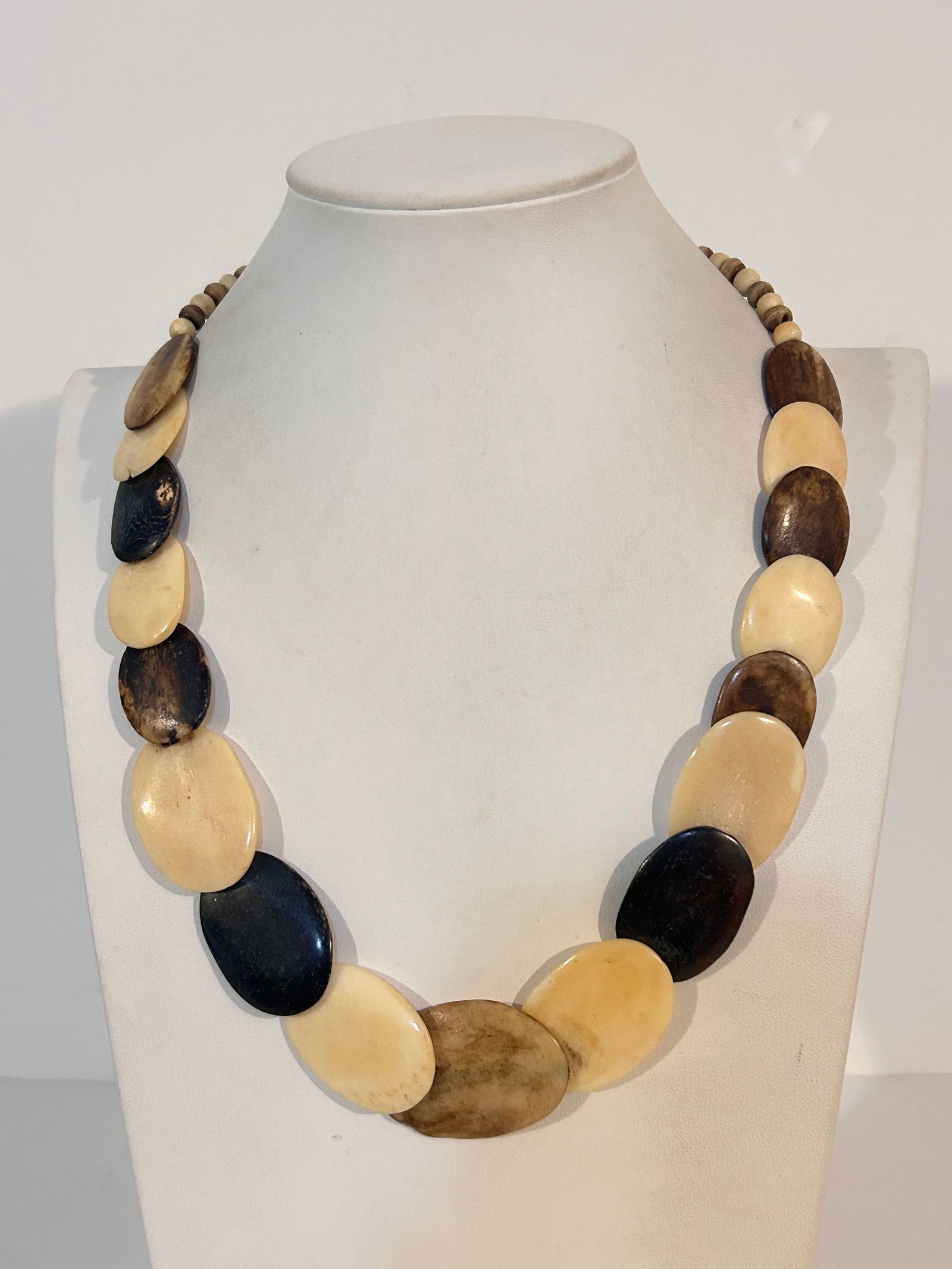 Brown/Beige Bone Large Flat Ovel Beads Necklace 20" long (1 of 5)
