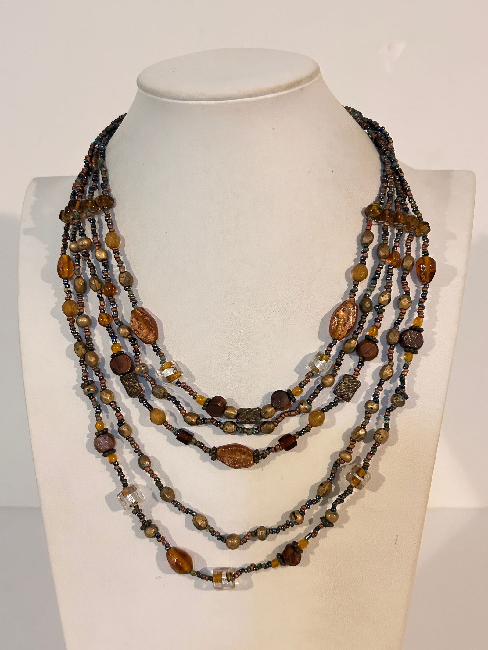 Vintage multi-strand beaded necklace amber clear glass and plastic beads 18" (1 of 5)