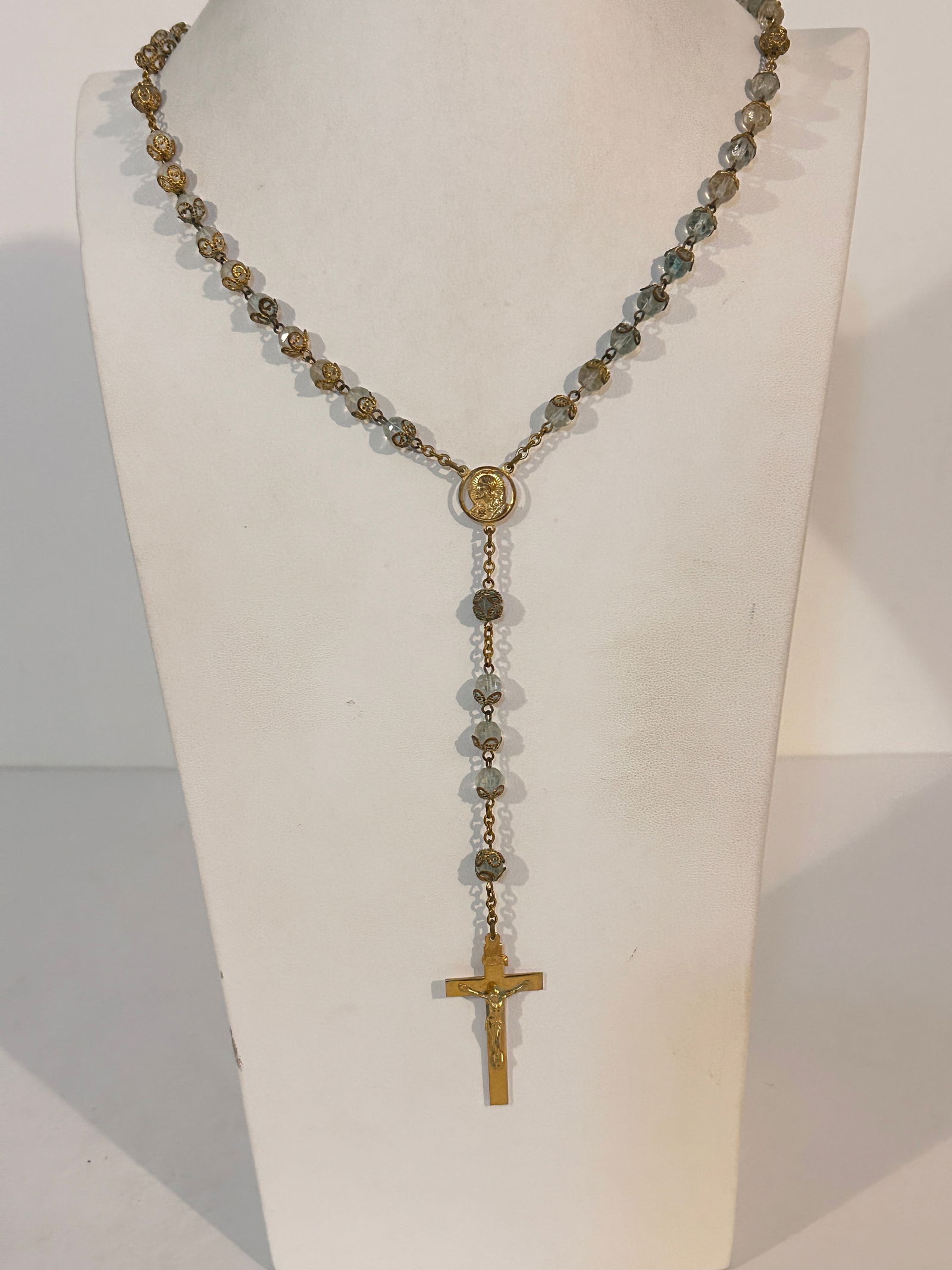 Light Blue Crystal Beads Rosary Necklace Catholic St Benedict Medal 28": Light Blue Crystal Beads Rosary Necklace Catholic St Benedict Medal 28" Please view all photos as they are part of the description and condition of this Item, Feel free to contact me with questions or