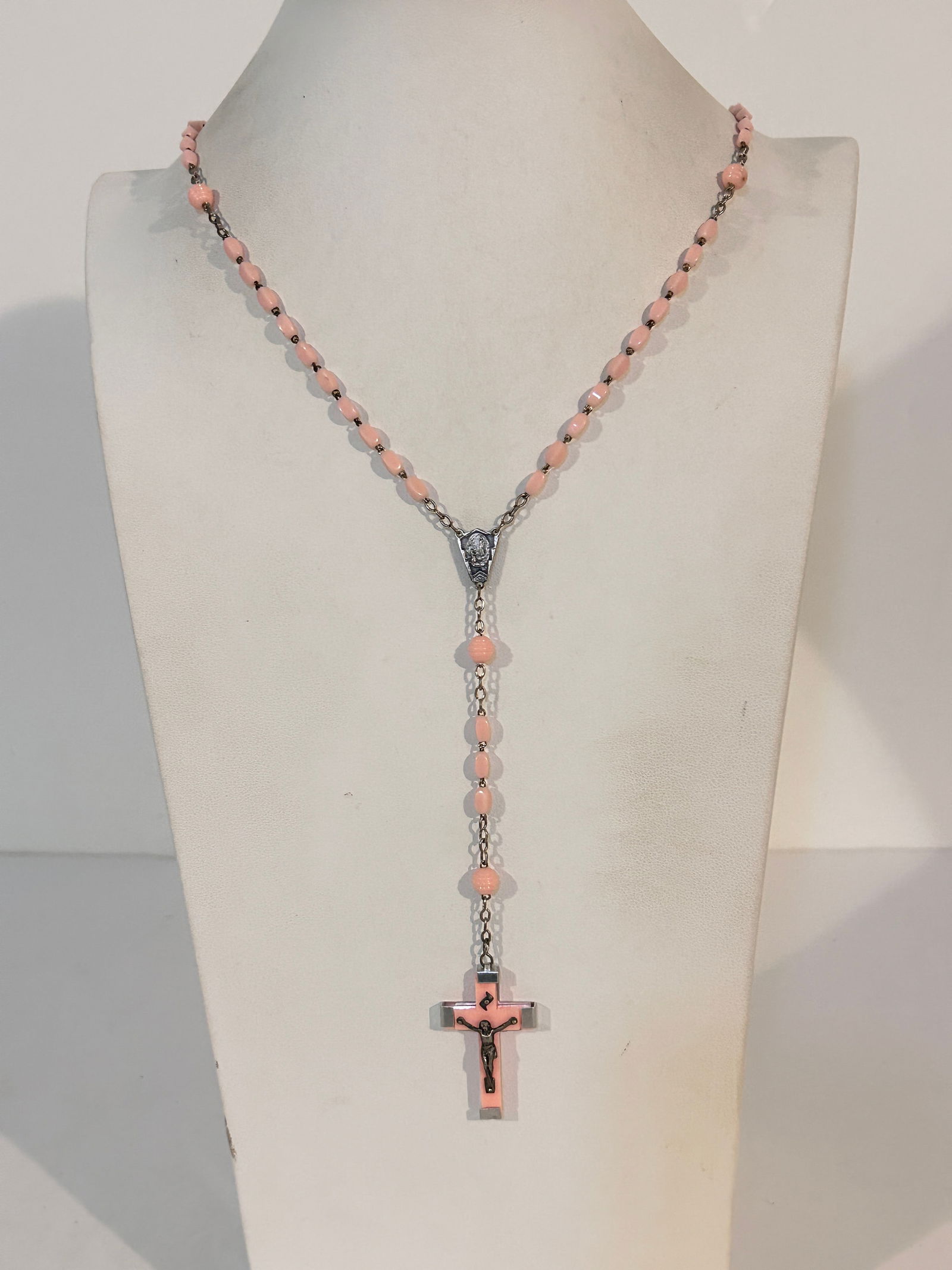 Vintage Pink Rosary Cross bead Necklace Catholic 23": Vintage Pink Rosary Cross bead Necklace Catholic 23" Please view all photos as they are part of the description and condition of this Item, Feel free to contact me with questions or picture requests!
