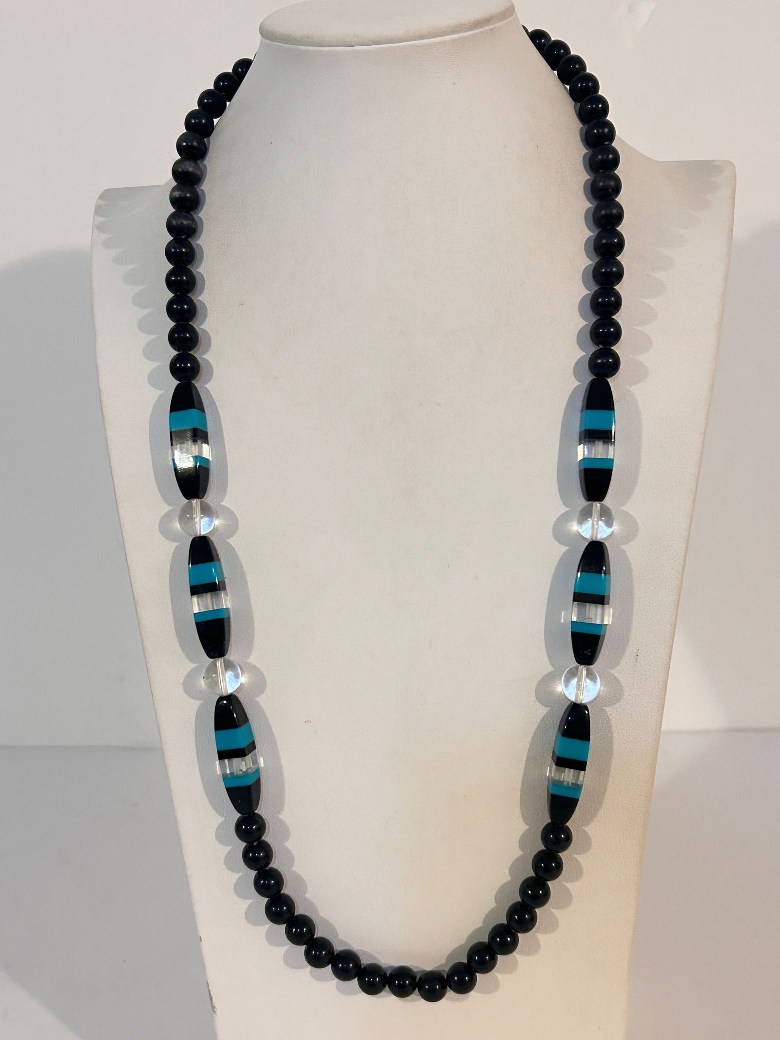 Vintage black onyx and faux turquoise bead necklace 30" (1 of 4)