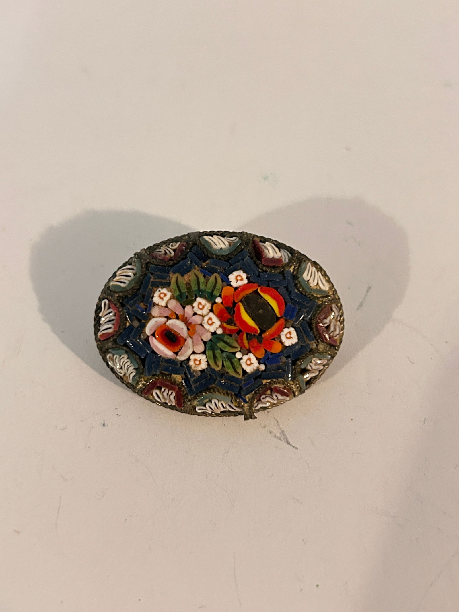 vintage Italian micro mosaic floral brooch with a gilt metal or silver-toned frame. (1 of 4)