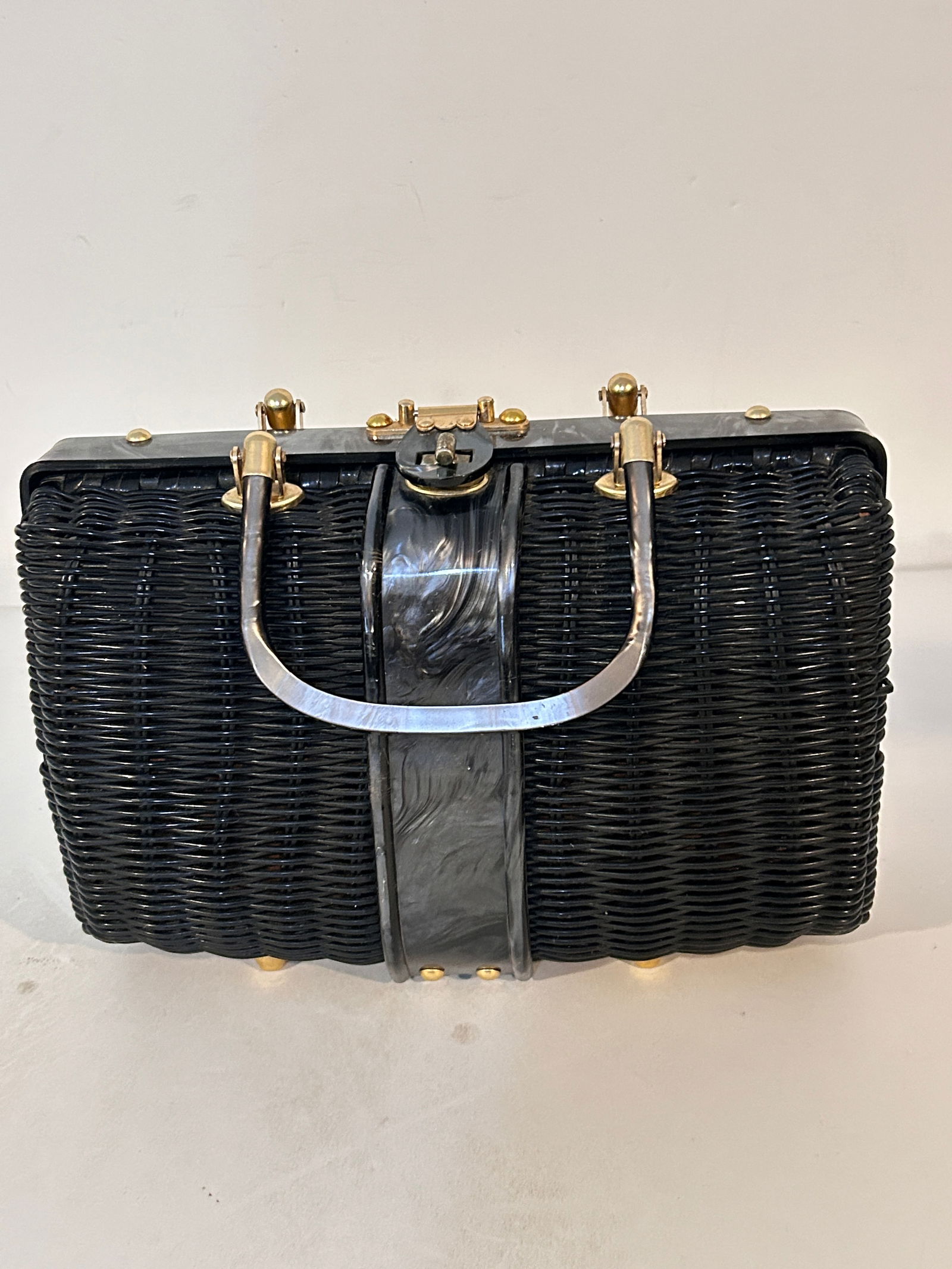 Vintage 1960s Black vinyl-coated wicker basket purse with a lucite handle and gold-tone hardware 11 (1 of 7)