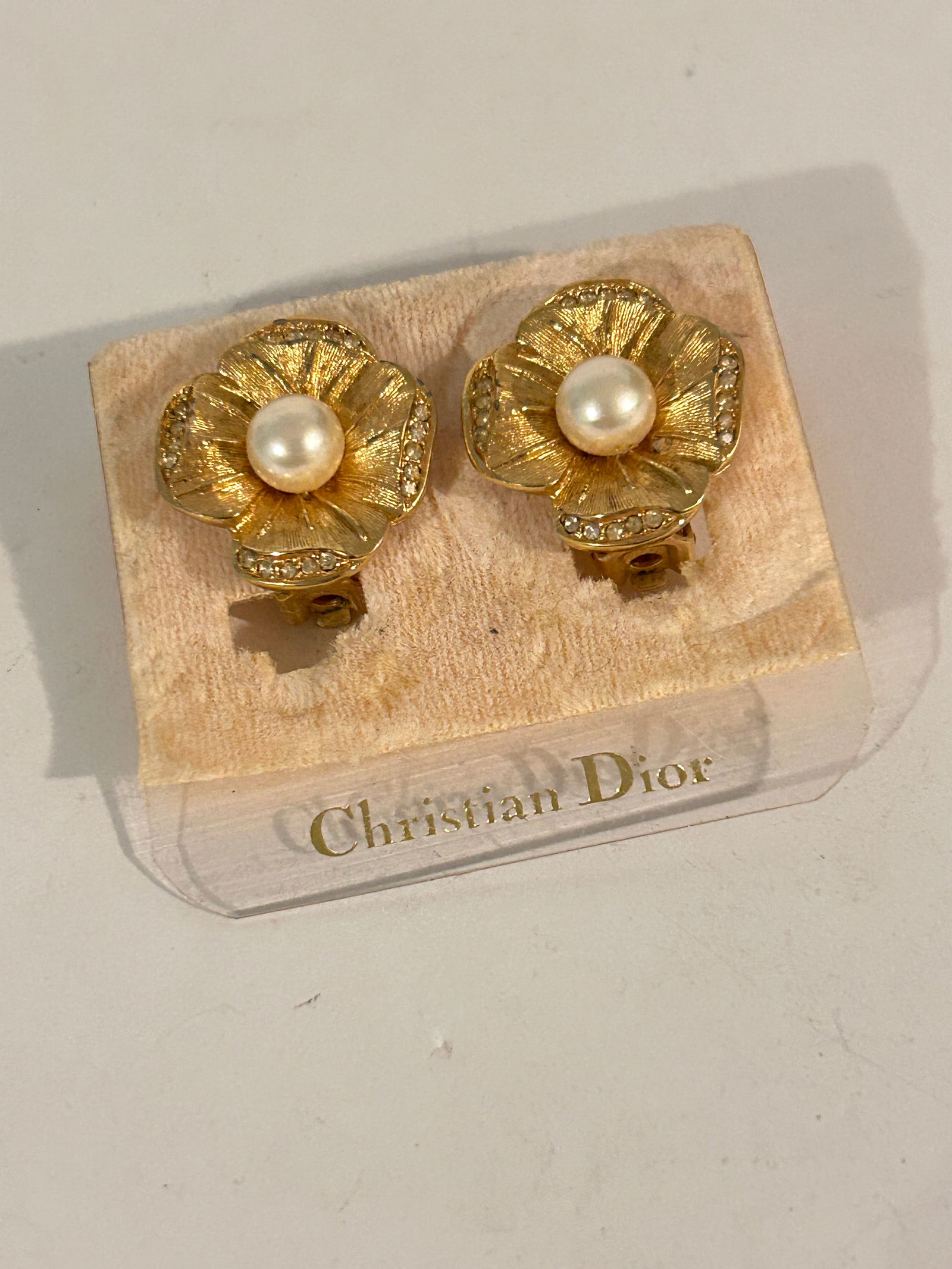 Vintage 80's Christian Dior Flower Pearl Center Crystal Accent Earrings (1 of 4)