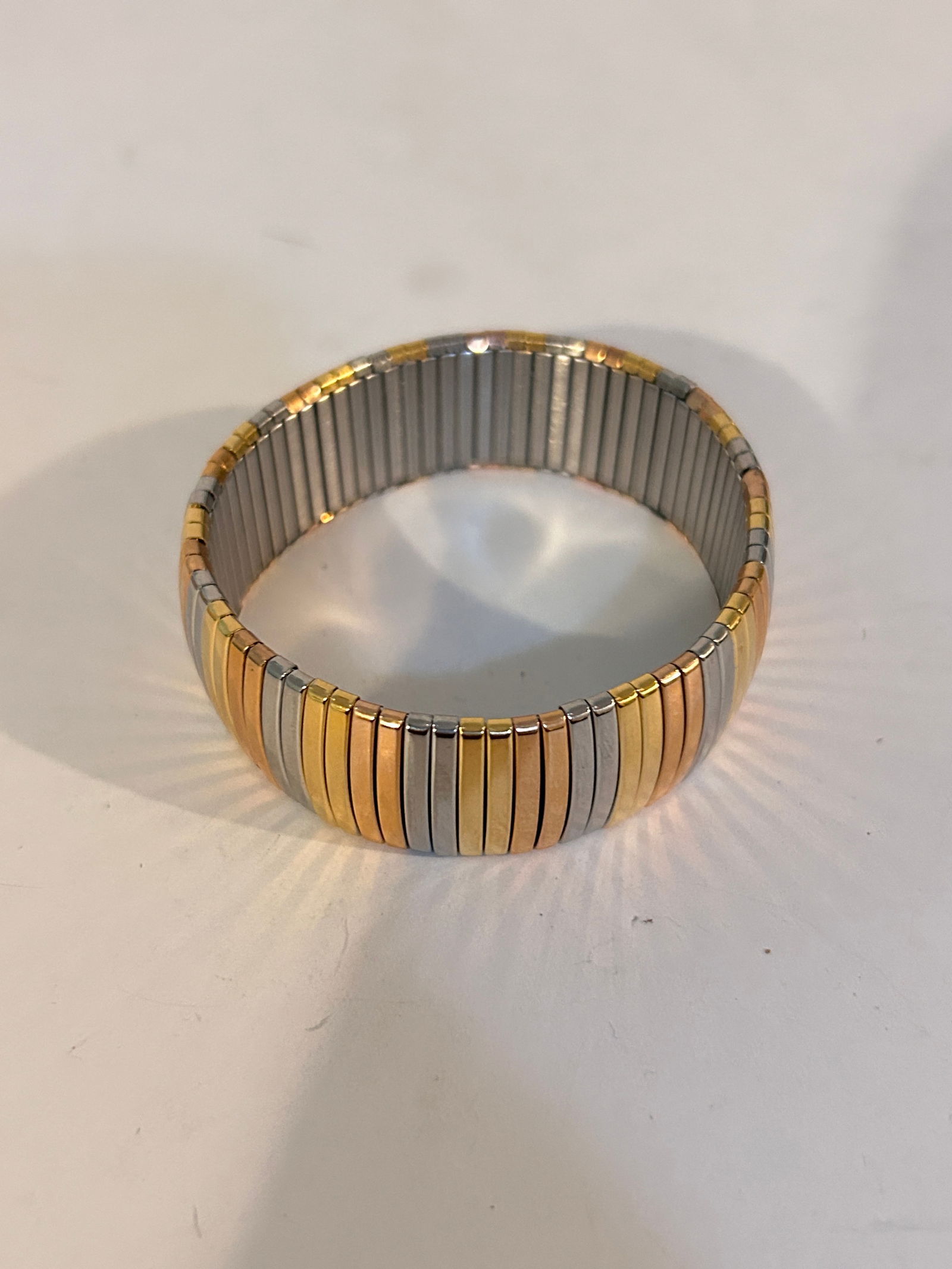 Vintage Silver Copper and Gold Tone EdForce Bracelet Stainless Steel Stretch Band: Vintage Silver Copper and Gold Tone EdForce Bracelet Stainless Steel Stretch Band Please view all photos as they are part of the description and condition of this Item, Feel free to contact me with qu