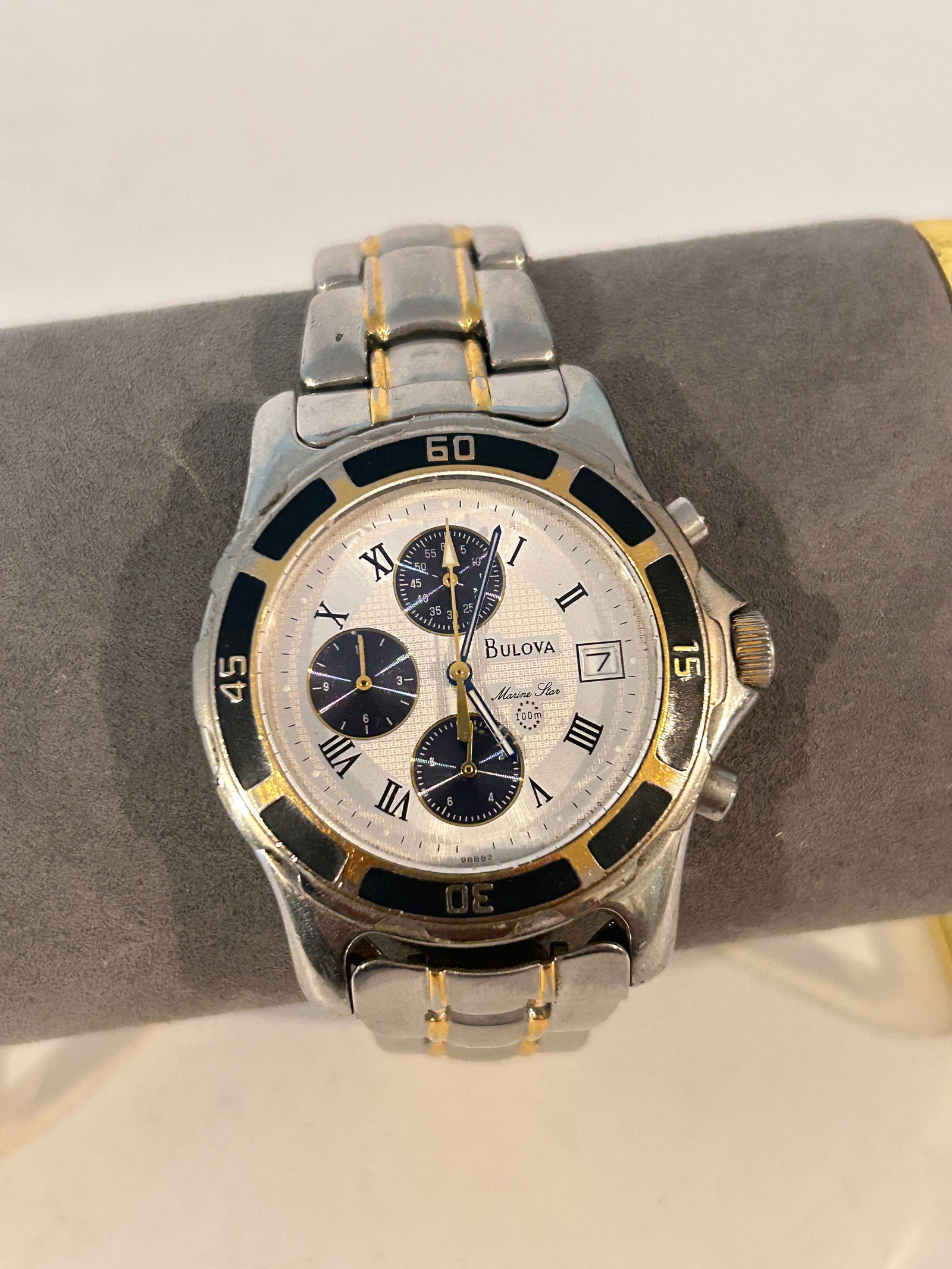 Vintage Bulova Marine Star 100m Chrono Two Tone Quartz Watch working needs bat: Vintage Bulova Marine Star 100m Chrono Two Tone Quartz Watch working needs bat Please view all photos as they are part of the description and condition of this Item, Feel free to contact me with quest