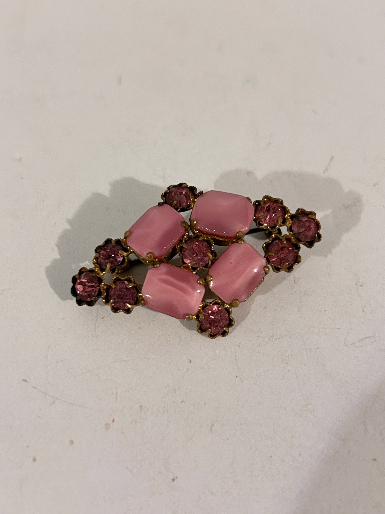 Vintage antique Czechoslovakia signed pin moonstone glass pink crystals brooch: Vintage antique Czechoslovakia signed pin moonstone glass pink crystals brooch Please view all photos as they are part of the description and condition of this Item, Feel free to contact me with quest