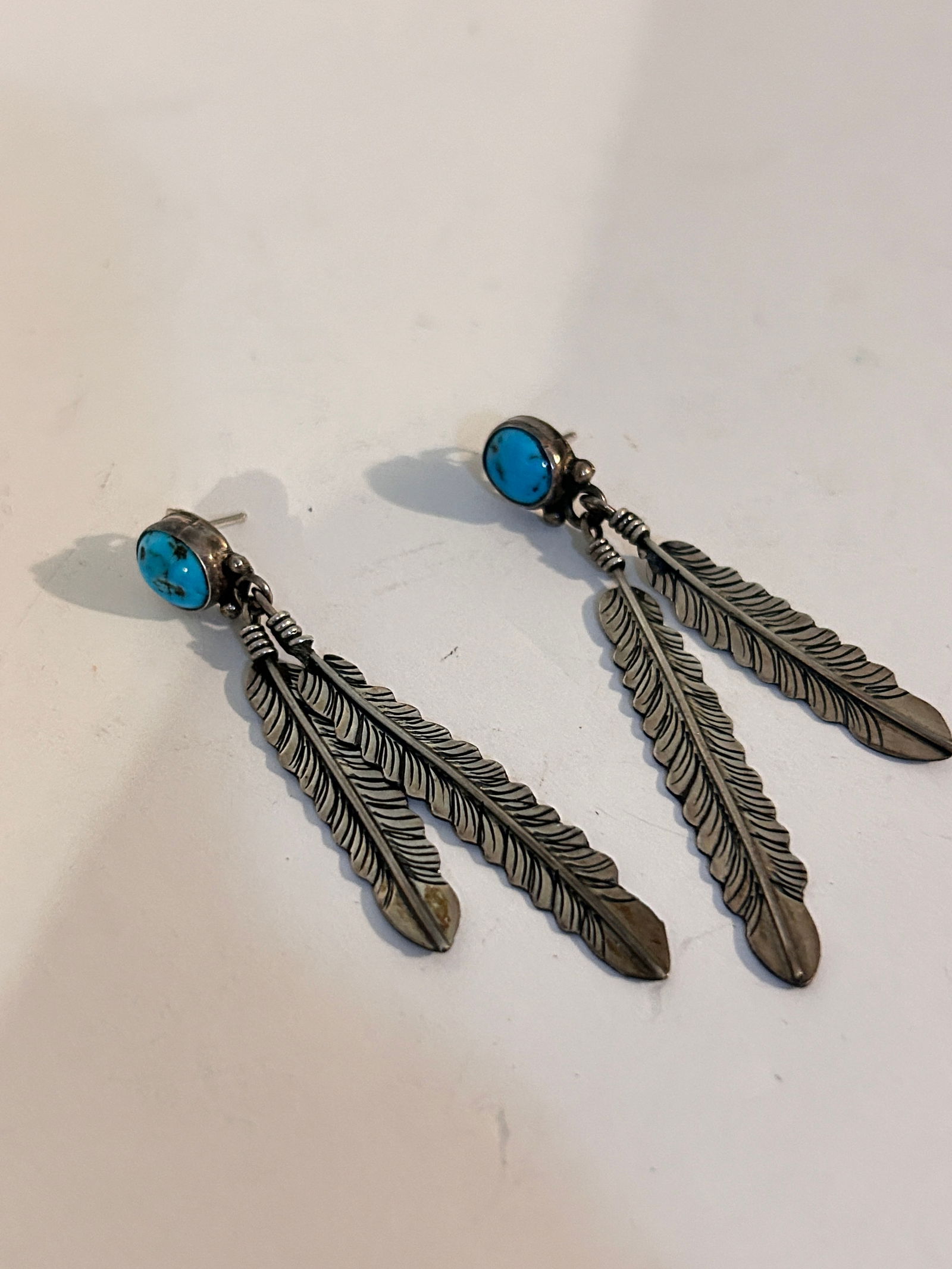 Vintage Southwestern Sterling Silver Turquoise Feather Dangle Earrings Navajo (1 of 4)