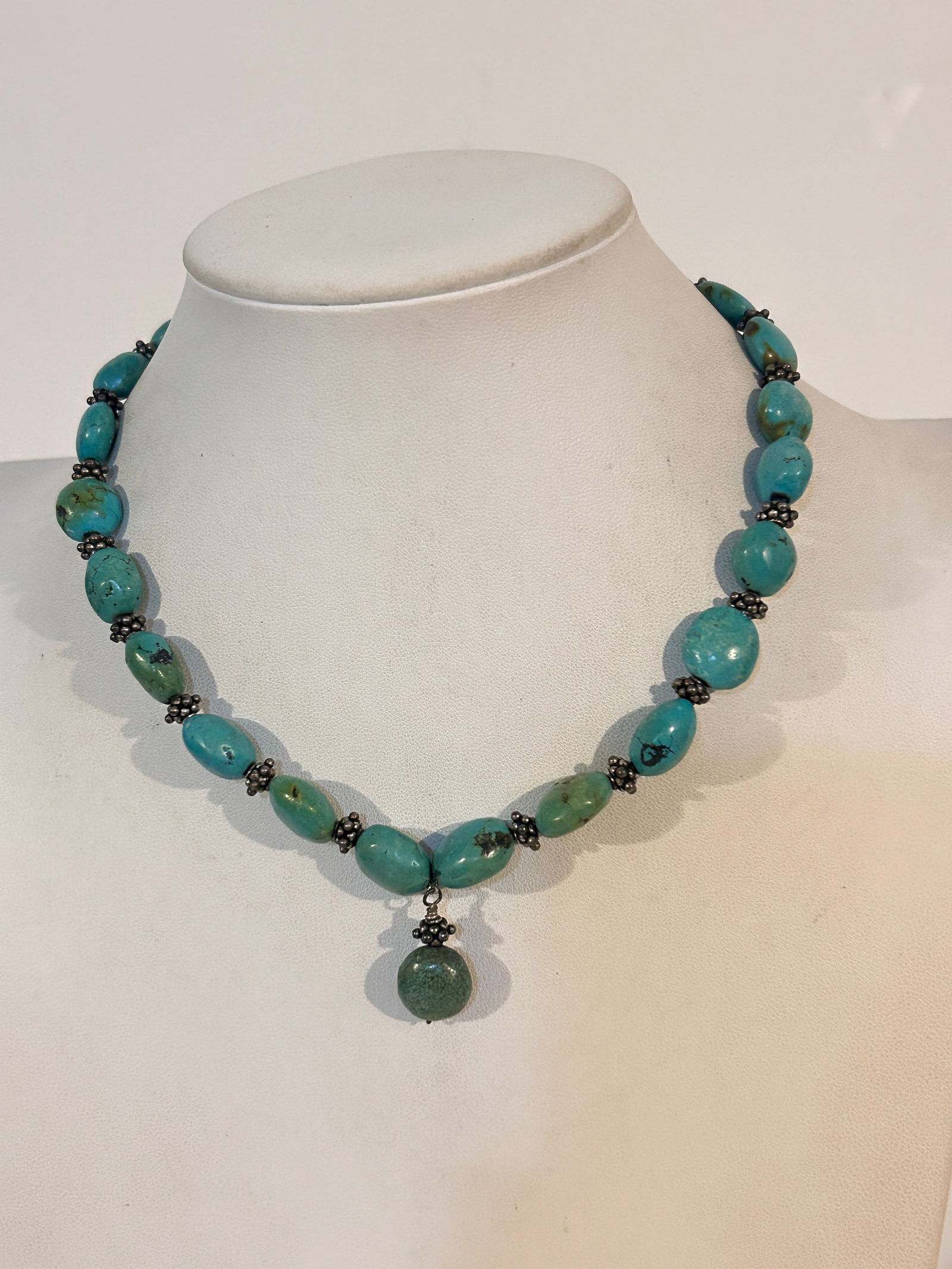 Vintage Turquoise Beaded Necklace with Sterling Silver Clasp and Beads 14" (1 of 5)