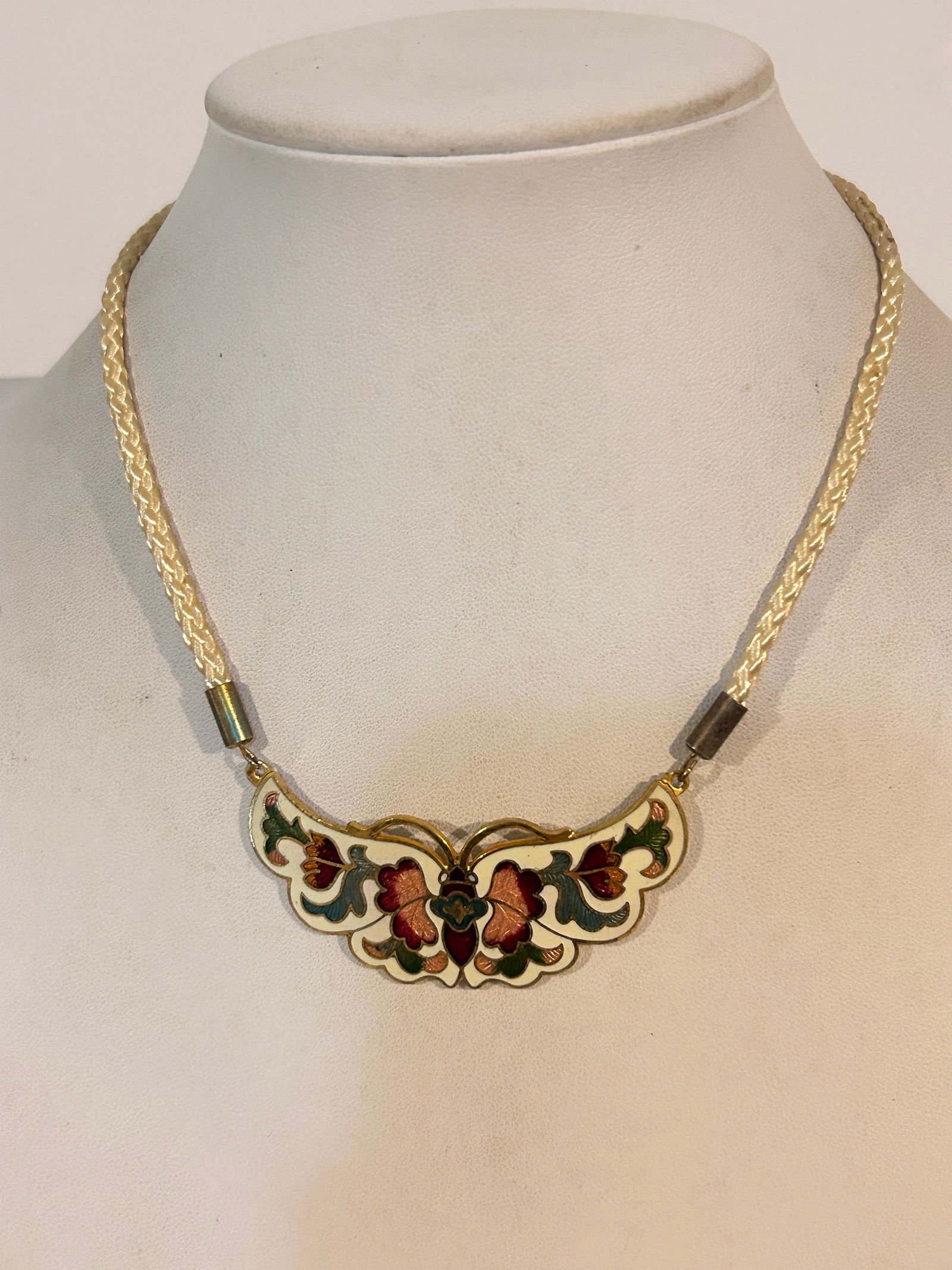 Vintage Cloisonne Butterfly Pendant Necklace Braided Cord 14": Vintage Cloisonne Butterfly Pendant Necklace Braided Cord 14" Please view all photos as they are part of the description and condition of this Item, Feel free to contact me with questions or picture r