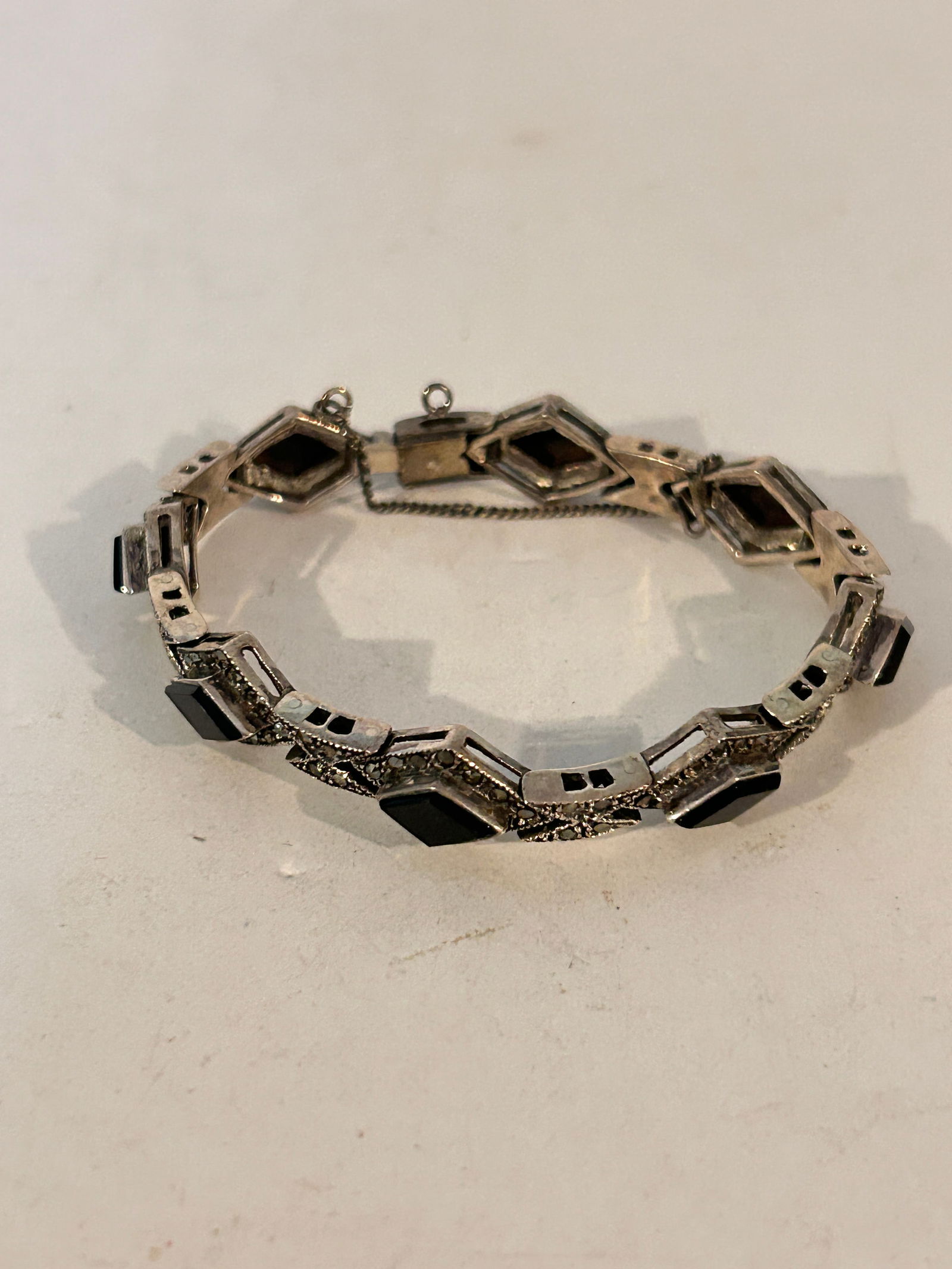 Vintage Sterling Silver Onyx Marcasite Bracelet sz 7 22 Grams (1 of 4)