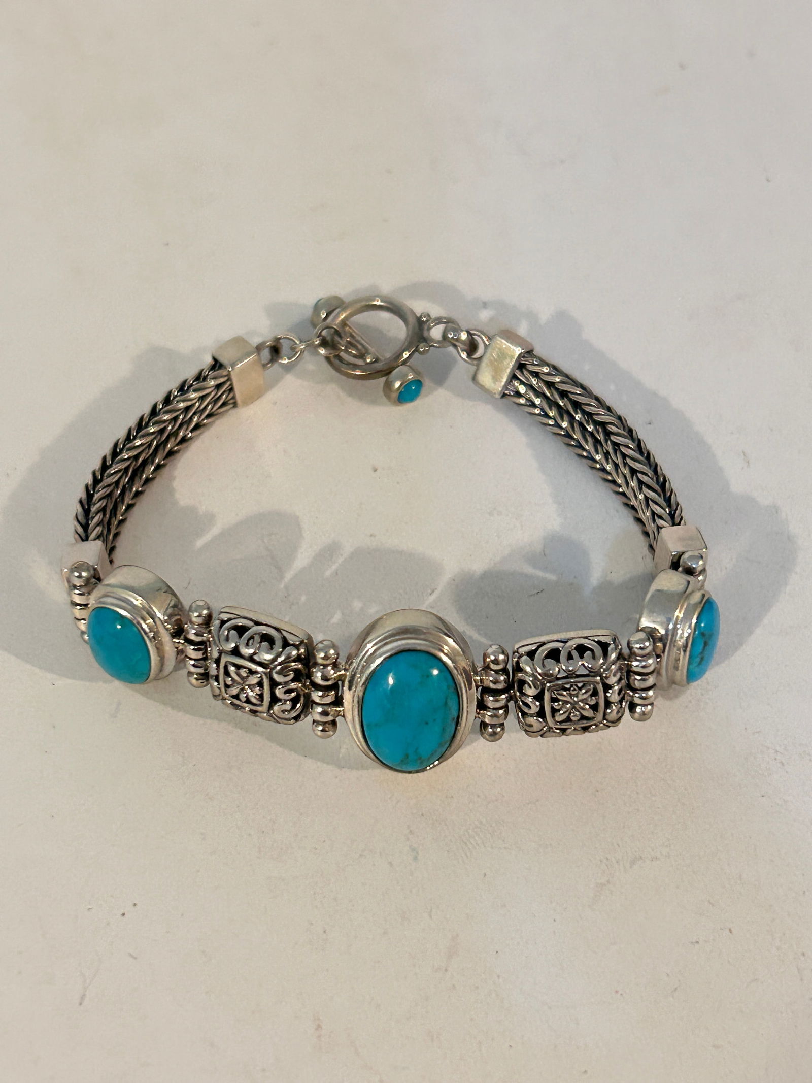 Vintage Sterling Silver Turquoise filigree Bracelet sz 8" signed A 32 grams (1 of 5)