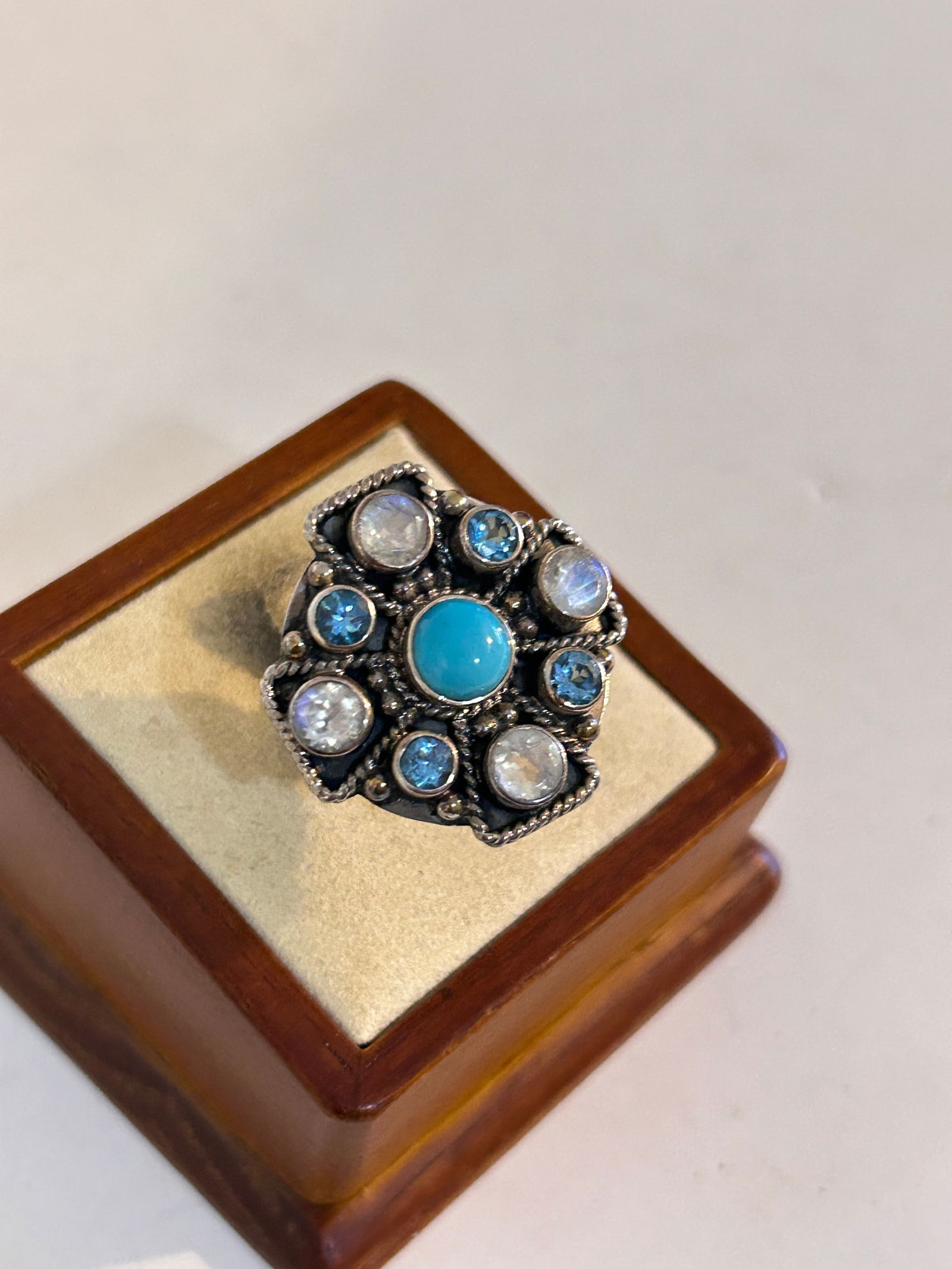 NB Nicky Butler Sterling Silver Turquoise Moonstone Amethyst Cluster Ring sz 9 11 Grams: NB Nicky Butler Sterling Silver Turquoise Moonstone Amethyst Cluster Ring sz 9 11 Grams Please view all photos as they are part of the description and condition of this Item, Feel free to contact me w