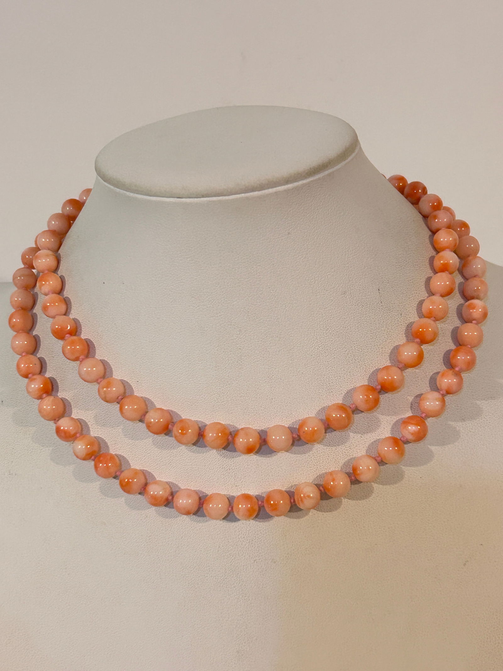 Beautiful Angel Skin Coral Bead With Necklace 33": Beautiful Angel Skin Coral Bead With Necklace 33" Please view all photos as they are part of the description and condition of this Item, Feel free to contact me with questions or picture requests! Use
