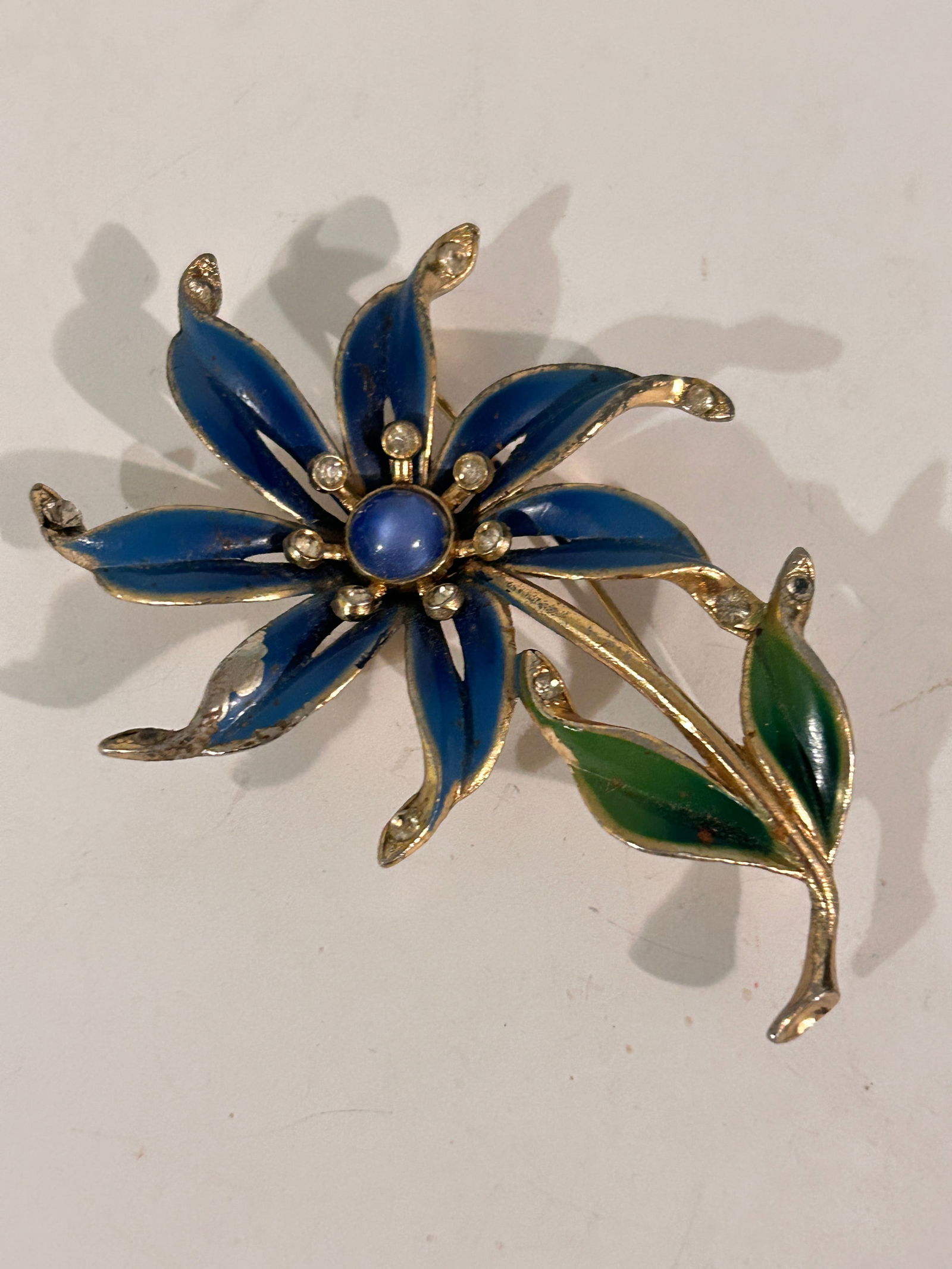 Vintage 1940s Coro Flower Enamel Rhinestone Brooch 3 3/4" Rare (1 of 6)