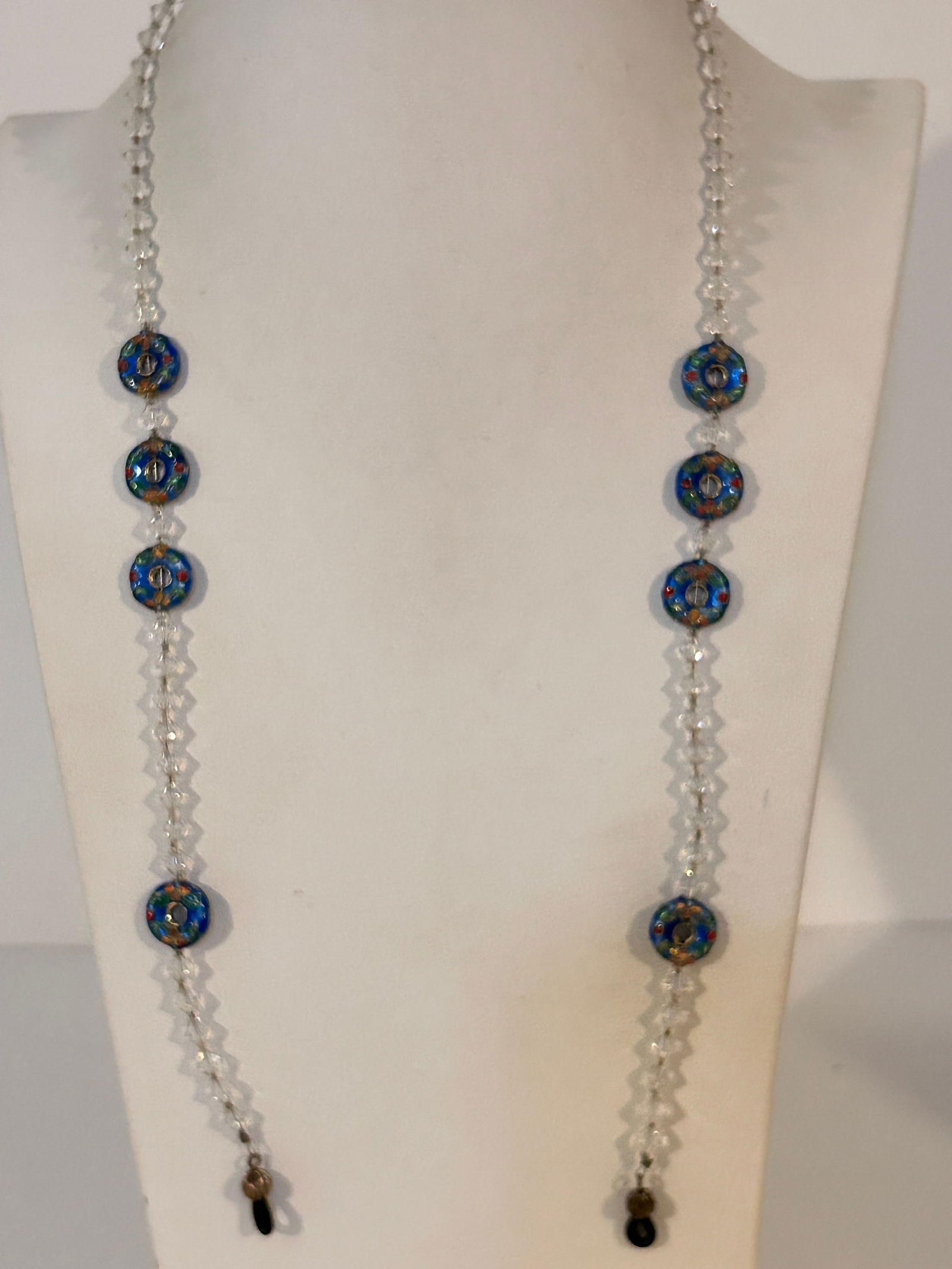 handcrafted eyeglass chain clear crystal beads Cloisonne blue floral or "evil eye" charms 28" (1 of 4)