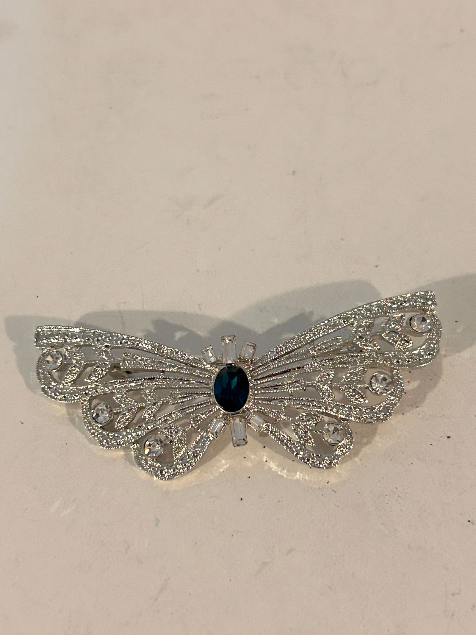 Vintage Silver tone butterfly blue rhinestone Brooch (1 of 4)