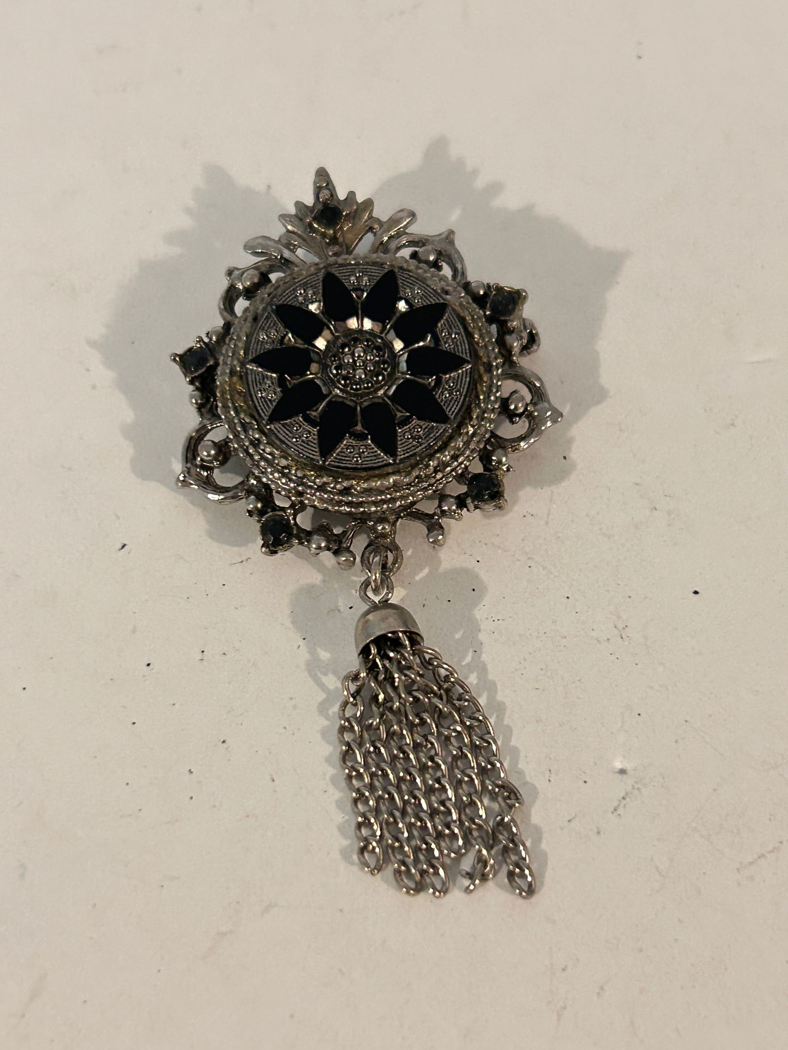 Signed Denise Moroccan Black Matrix Style Silver Tone Tassel Brooch Pendant (1 of 5)