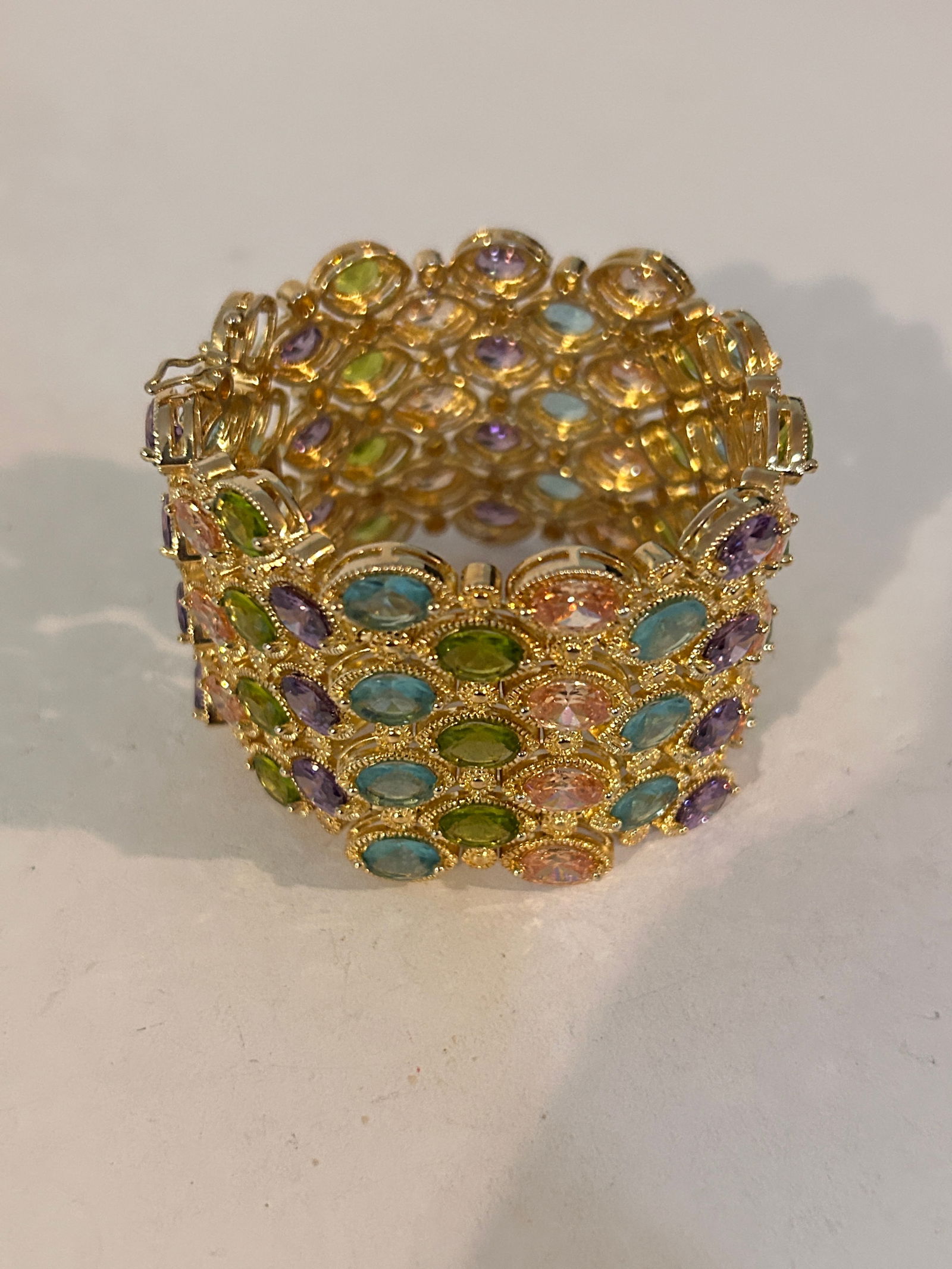 Gold Tone Ornate Link Bracelet with Multi Coloured Glass Jewels 8" PJM: Gold Tone Ornate Link Bracelet with Multi Coloured Glass Jewels 8" PJM Please view all photos as they are part of the description and condition of this Item, Feel free to contact me with questions or