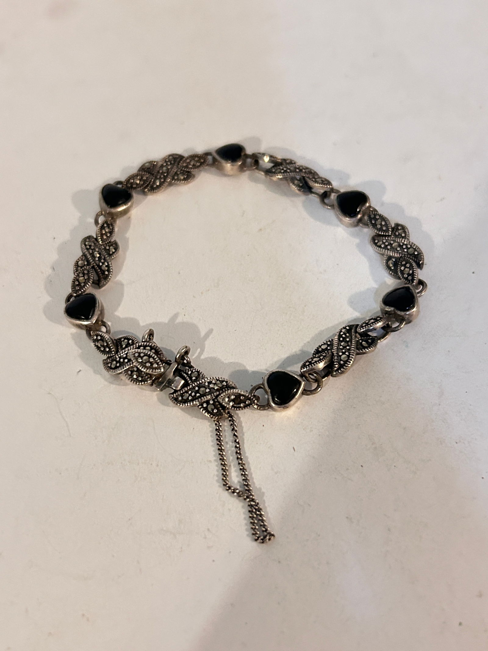 Vintage Sterling Silver marcasite onyx Bracelet 7" 15 grams (1 of 5)