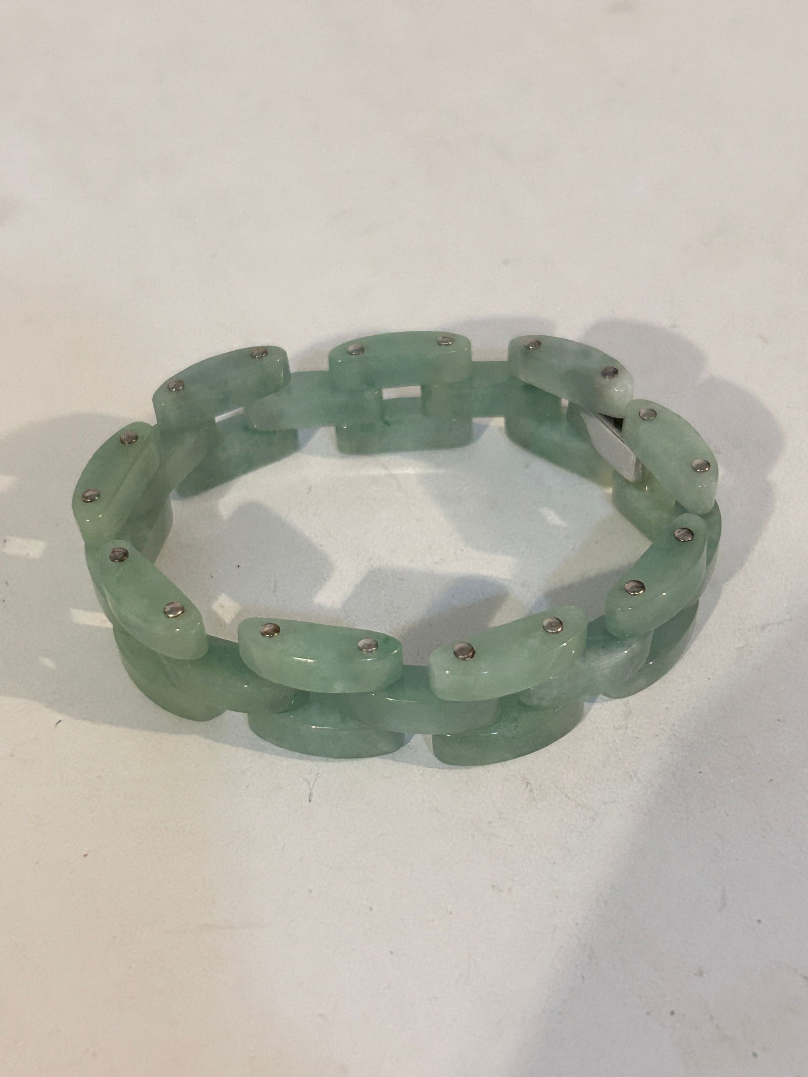 Vintage Sterling Silver Tested Jadeite NF Bracelet sz 8": Vintage Sterling Silver Tested Jadeite NF Bracelet sz 8" Please view all photos as they are part of the description and condition of this Item, Feel free to contact me with questions or picture reques