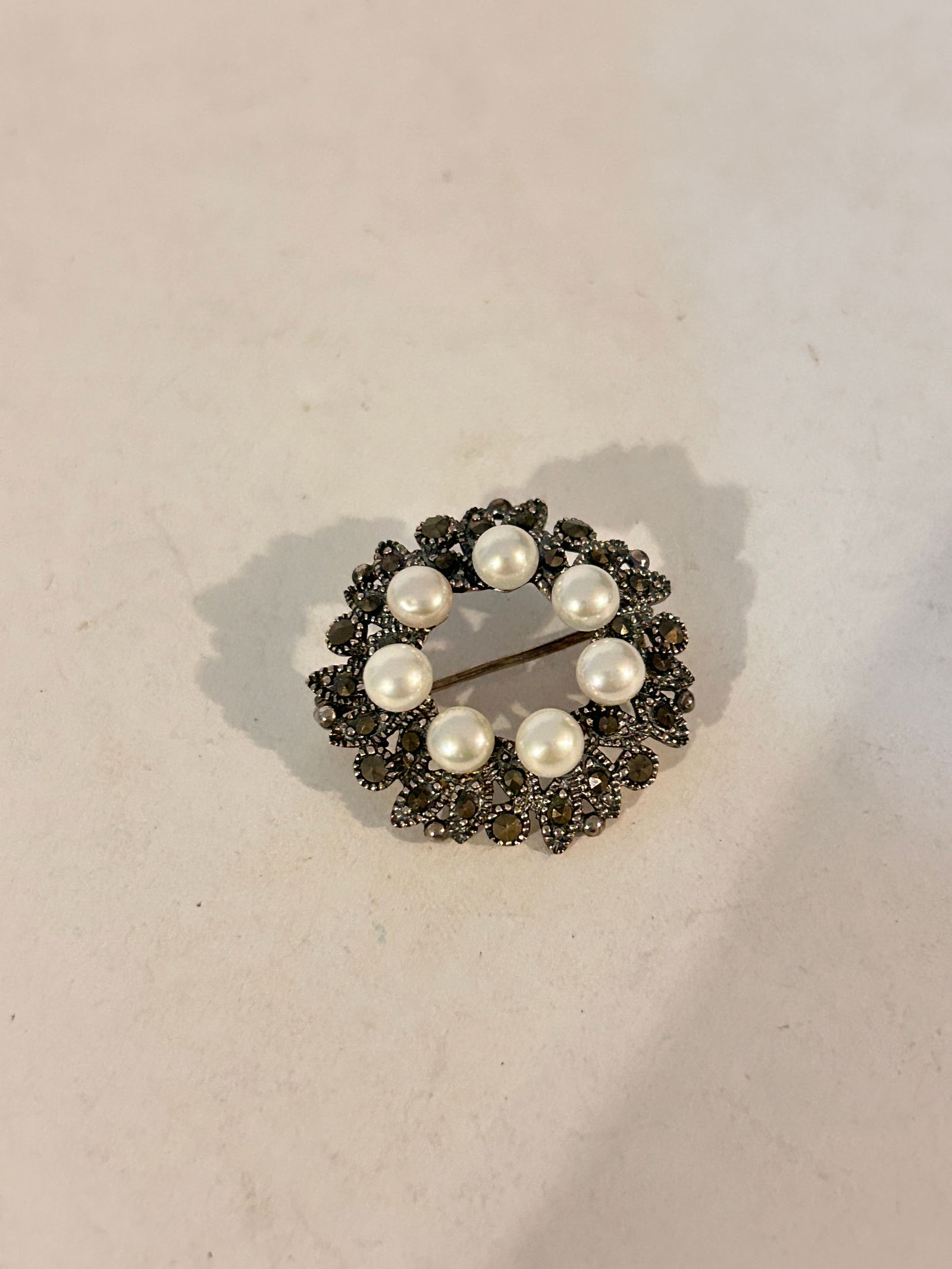 Vintage Sterling Silver marcasite faux pearl Brooch: Vintage Sterling Silver marcasite faux pearl Brooch Please view all photos as they are part of the description and condition of this Item, Feel free to contact me with questions or picture requests! U