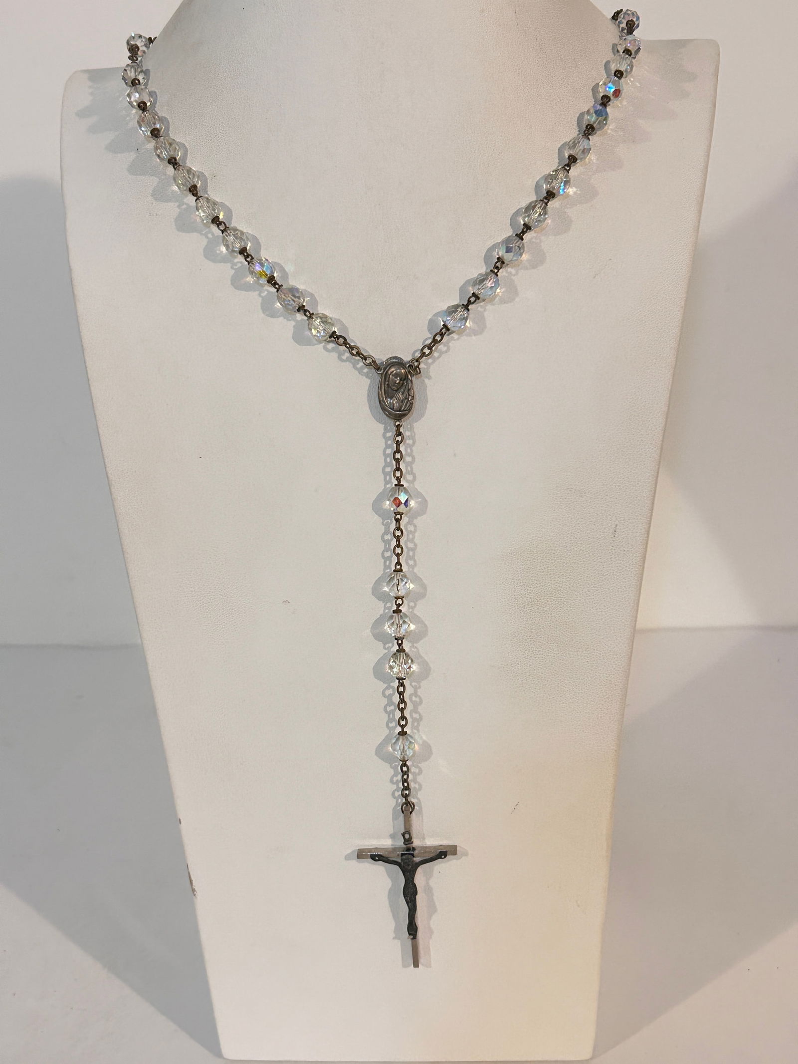 Vintage Rosary Cross Crystal bead Necklace Catholic St Benedict Medal 32" (1 of 6)