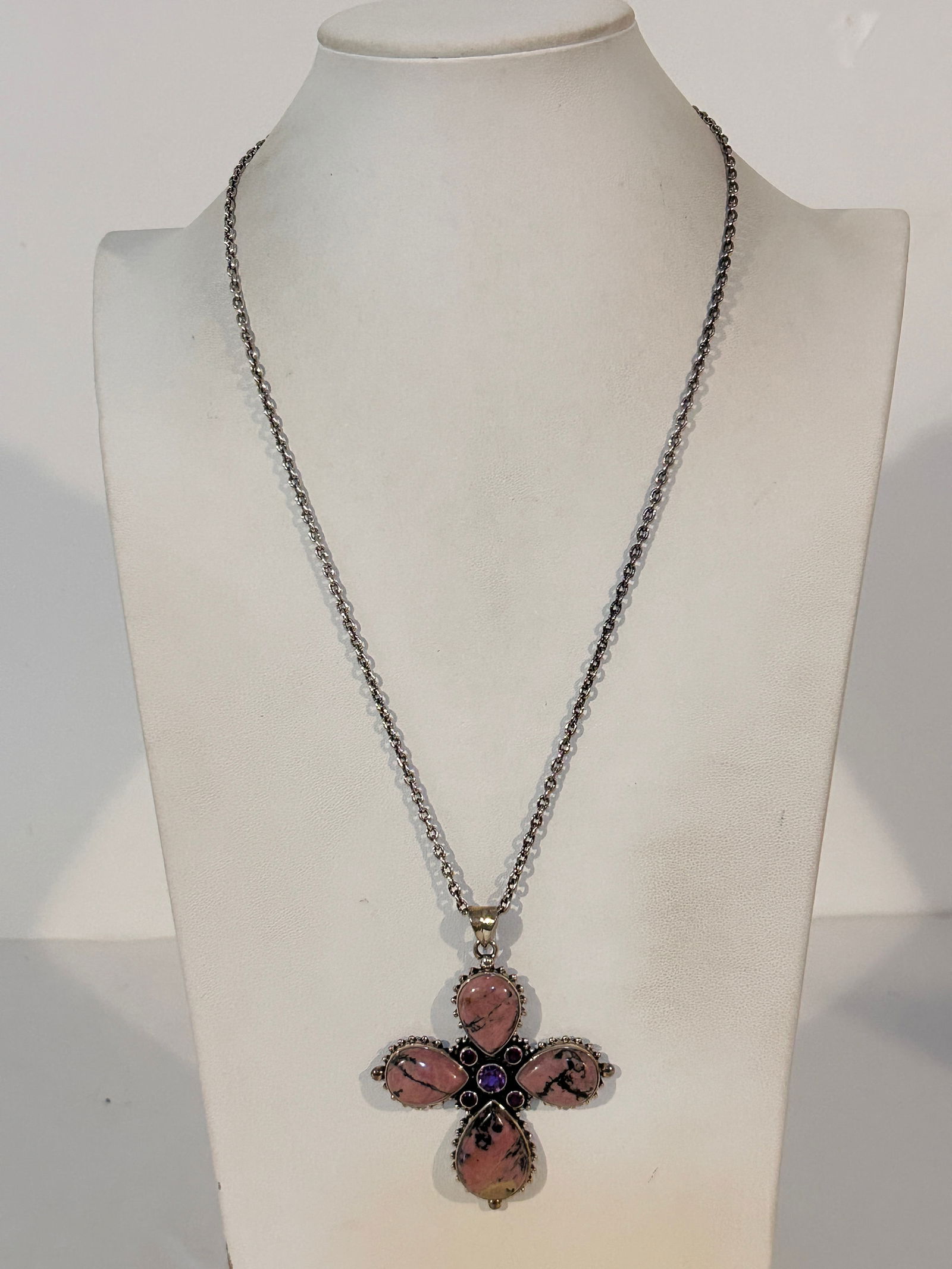 Nicky Butler sterling silver rhodonite cross pendant with amethyst accents 24" 43 grams Please (1 of 5)