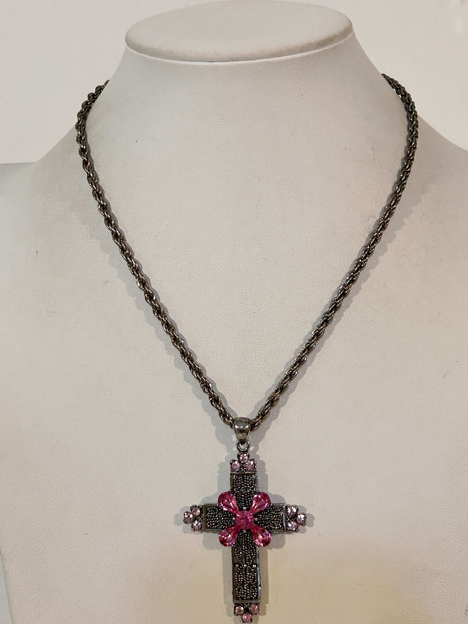 Old filigree cross pendant necklace featuring pink crystals sz 17" cross 2 1/2" J.H.S (1 of 5)