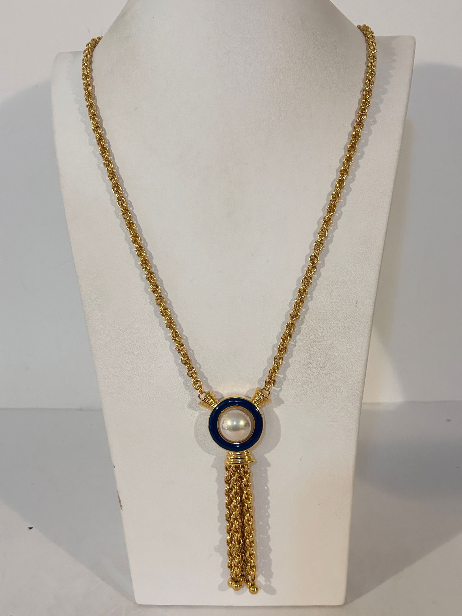 Vintage 1990’s Blue Enamel & Faux Pearl Pendant with Gold Tassel Necklace 36" (1 of 5)