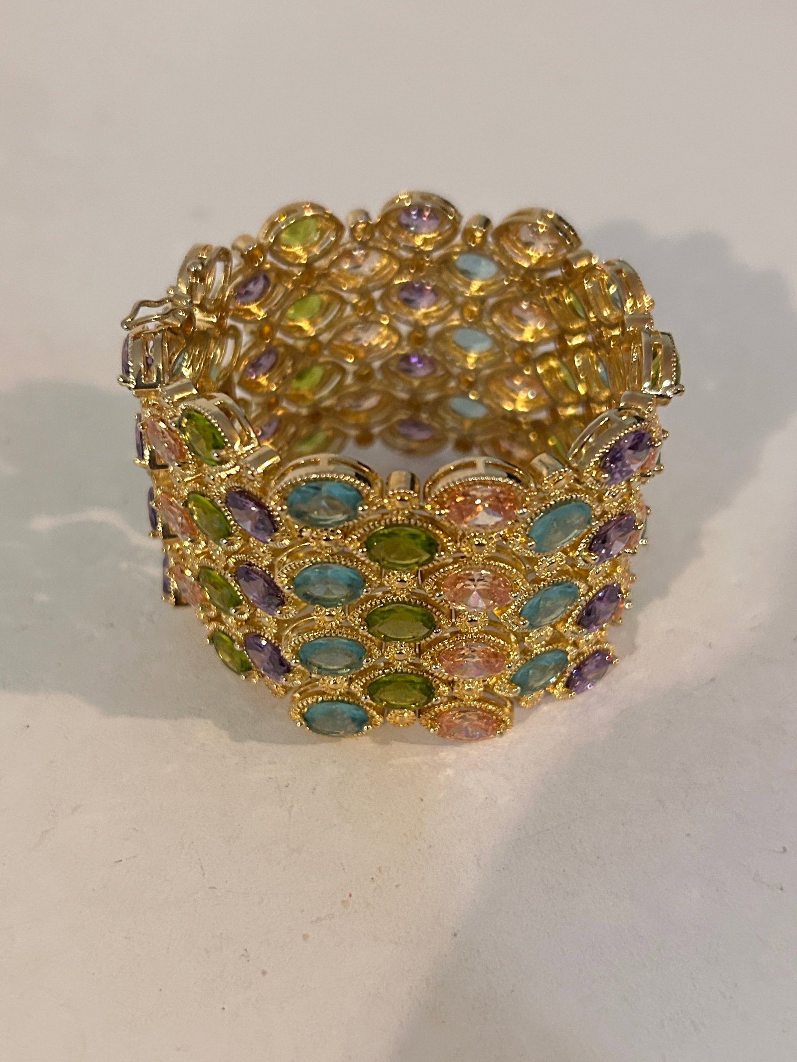 Gold Tone Ornate Link Bracelet with Multi Coloured Glass Jewels 8" PJM: Gold Tone Ornate Link Bracelet with Multi Coloured Glass Jewels 8" PJM Please view all photos as they are part of the description and condition of this Item, Feel free to contact me with questions or 