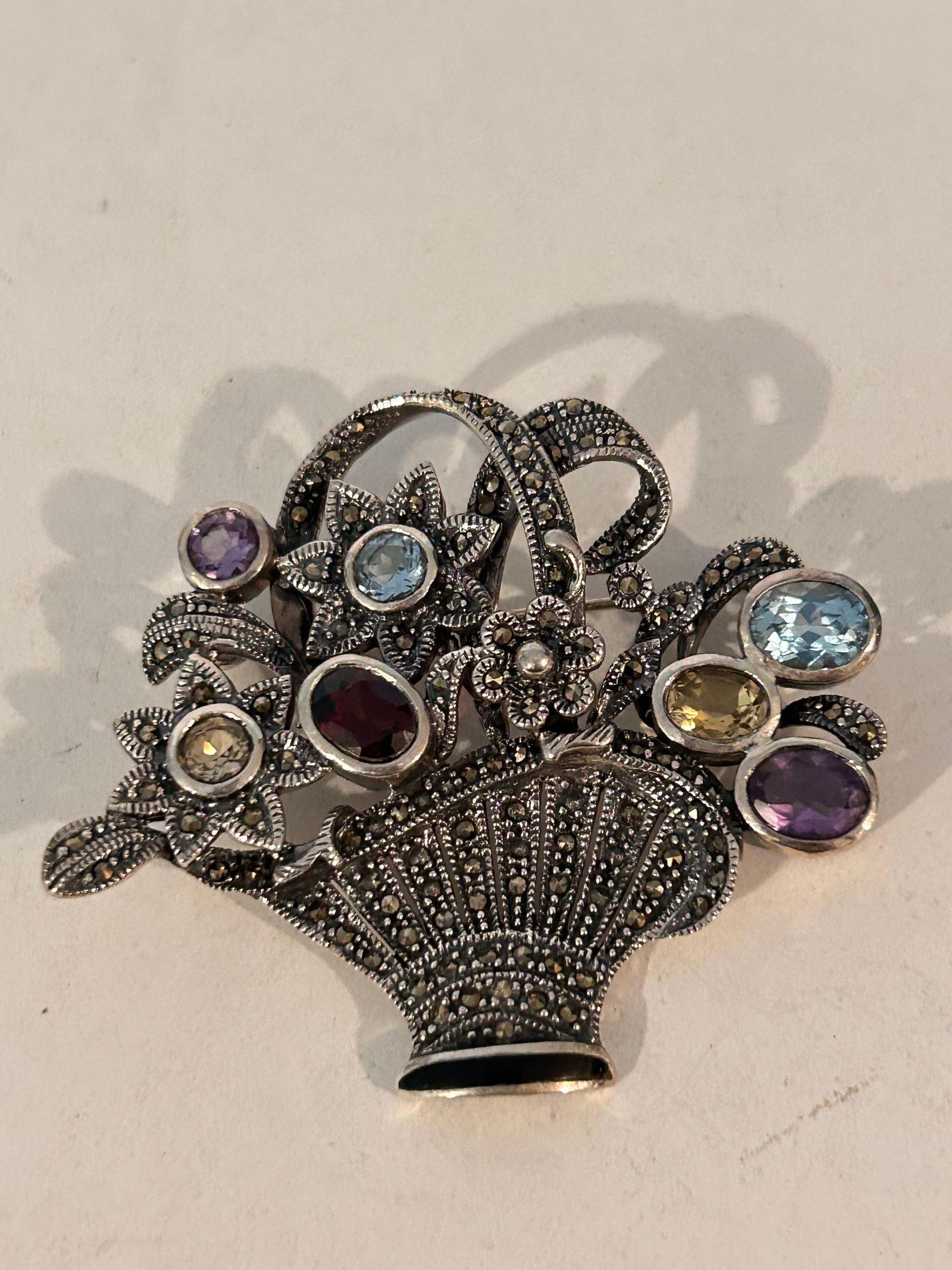Vintage Sterling Silver Amethyst and Marcasite Flower Basket Brooch 25 grams (1 of 5)