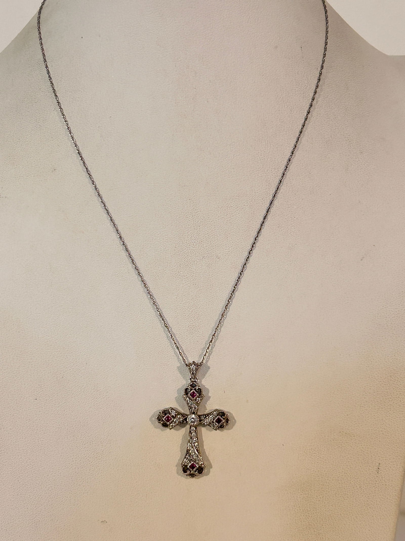Sterling Silver Ruby Cubic Zirconia Ornate Cross Necklace Pendant 16" (1 of 6)