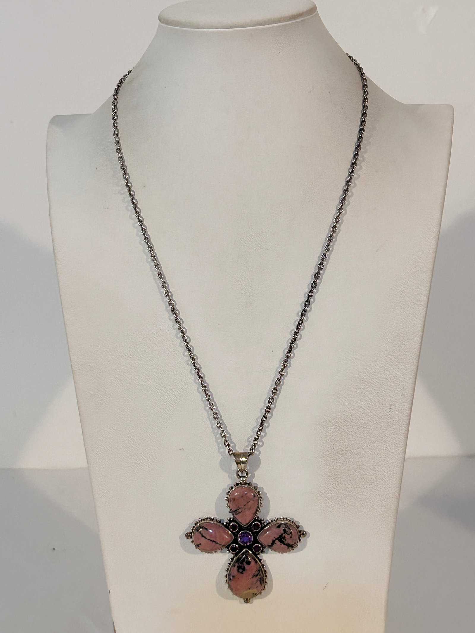 Nicky Butler sterling silver rhodonite cross pendant with amethyst accents 24" 43 grams Please: Nicky Butler sterling silver rhodonite cross pendant with amethyst accents 24" 43 grams Please view all photos as they are part of the description and condition of this Item, Feel free to contact me w