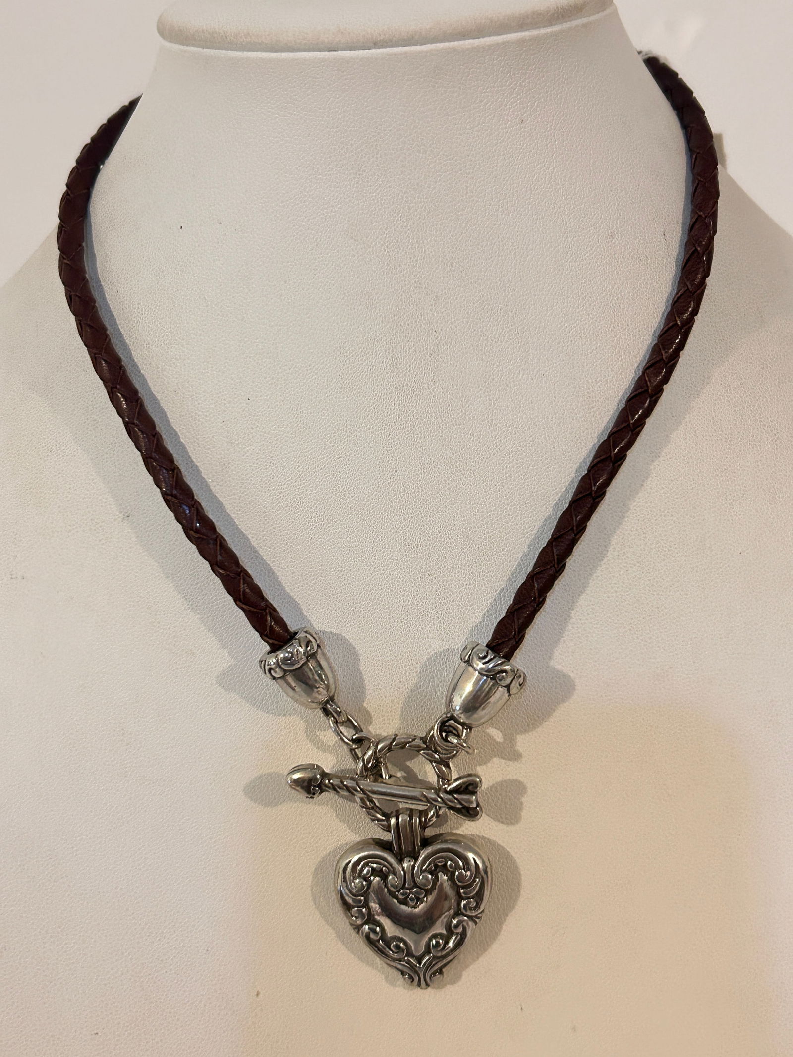 Brighton Braided Leather Chord Puffy Heart Charm Necklace 16" (1 of 6)