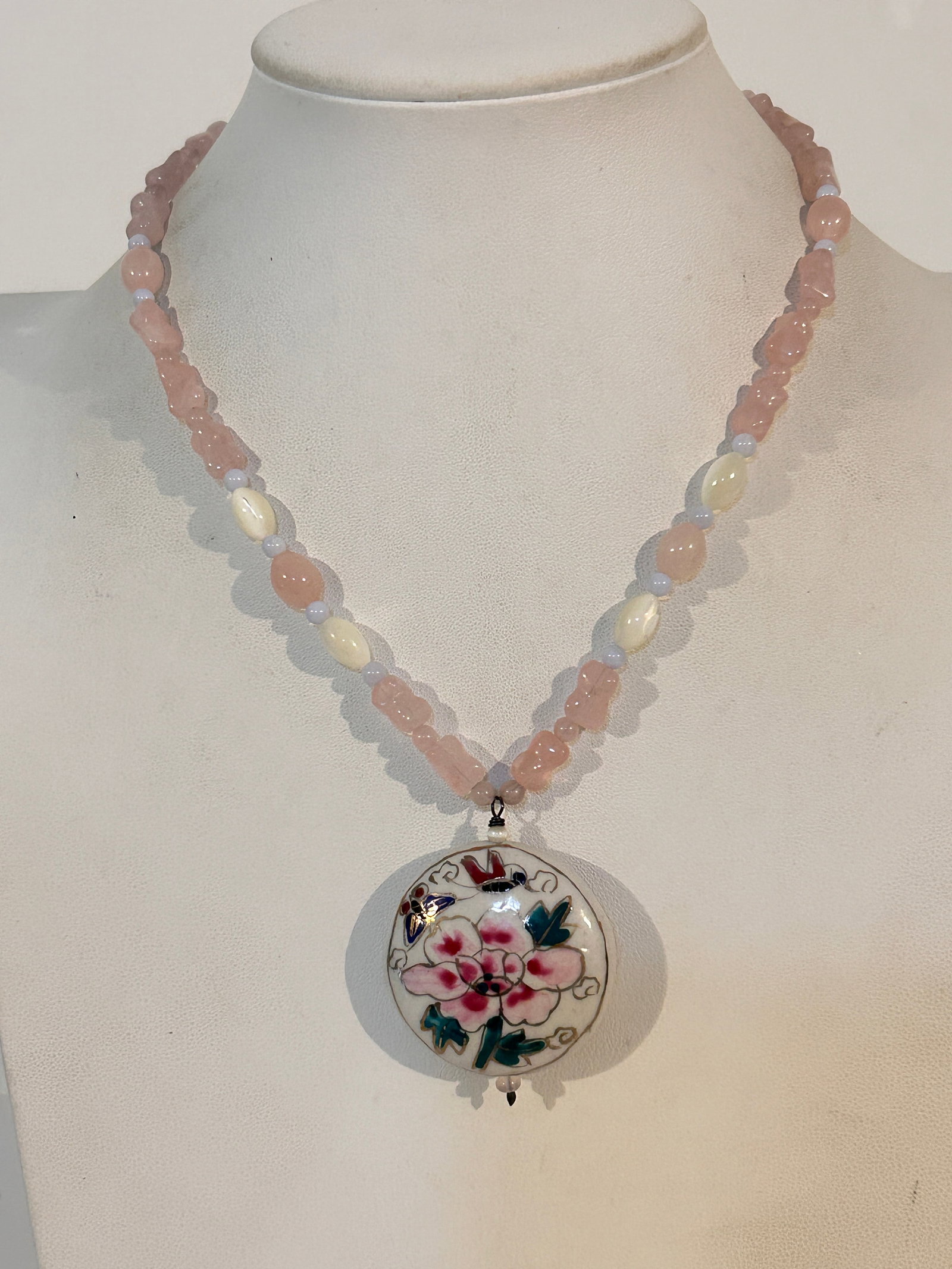 Vintage Chinese Sterling Pink Amethyst Cloisonne Pendant beaded necklace 16" (1 of 6)